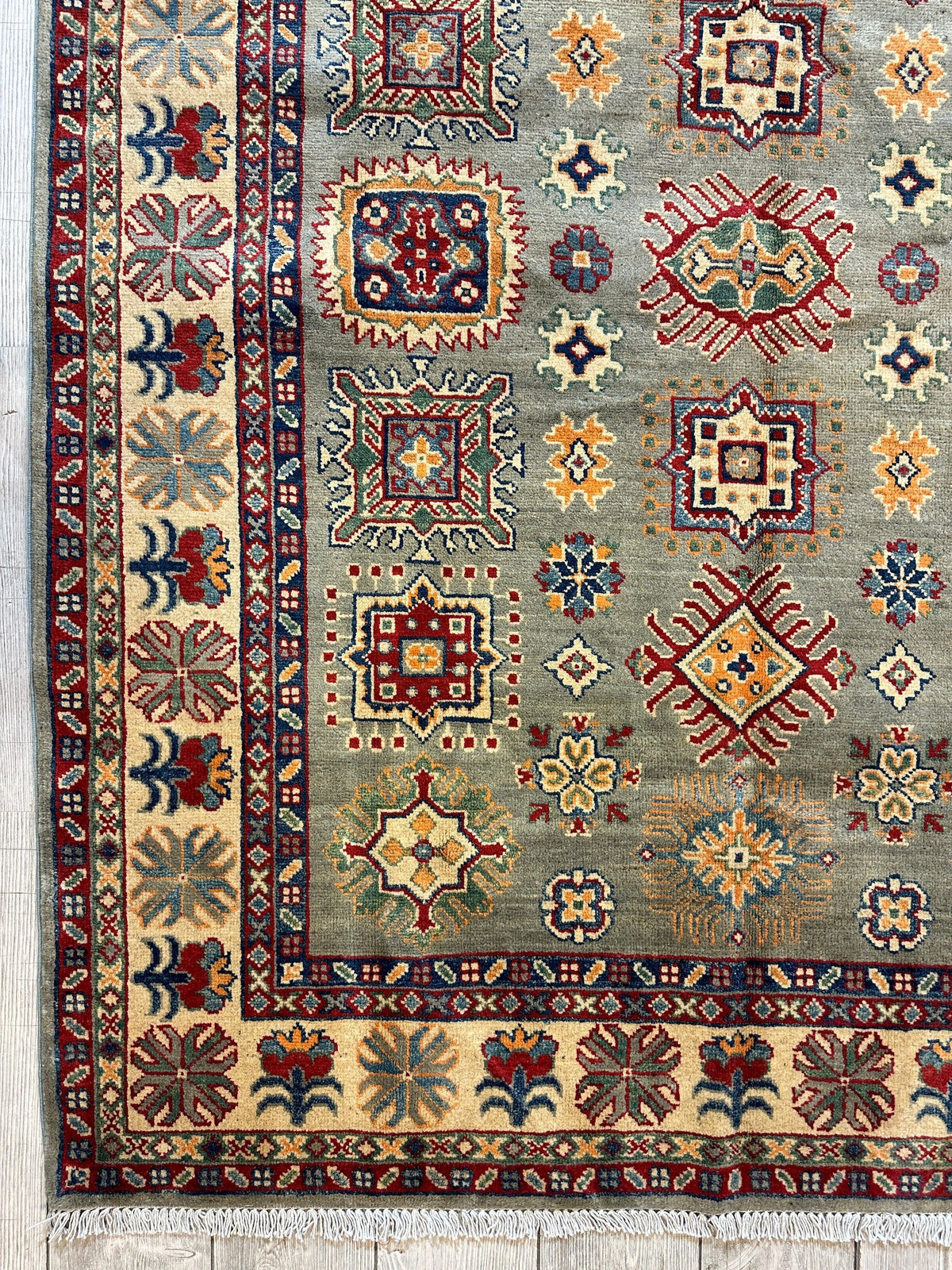 Afghan Kazak Stars Rug 5x7, Green, Ivory, Red & Gold, Hand-Knotted Wool, view 7