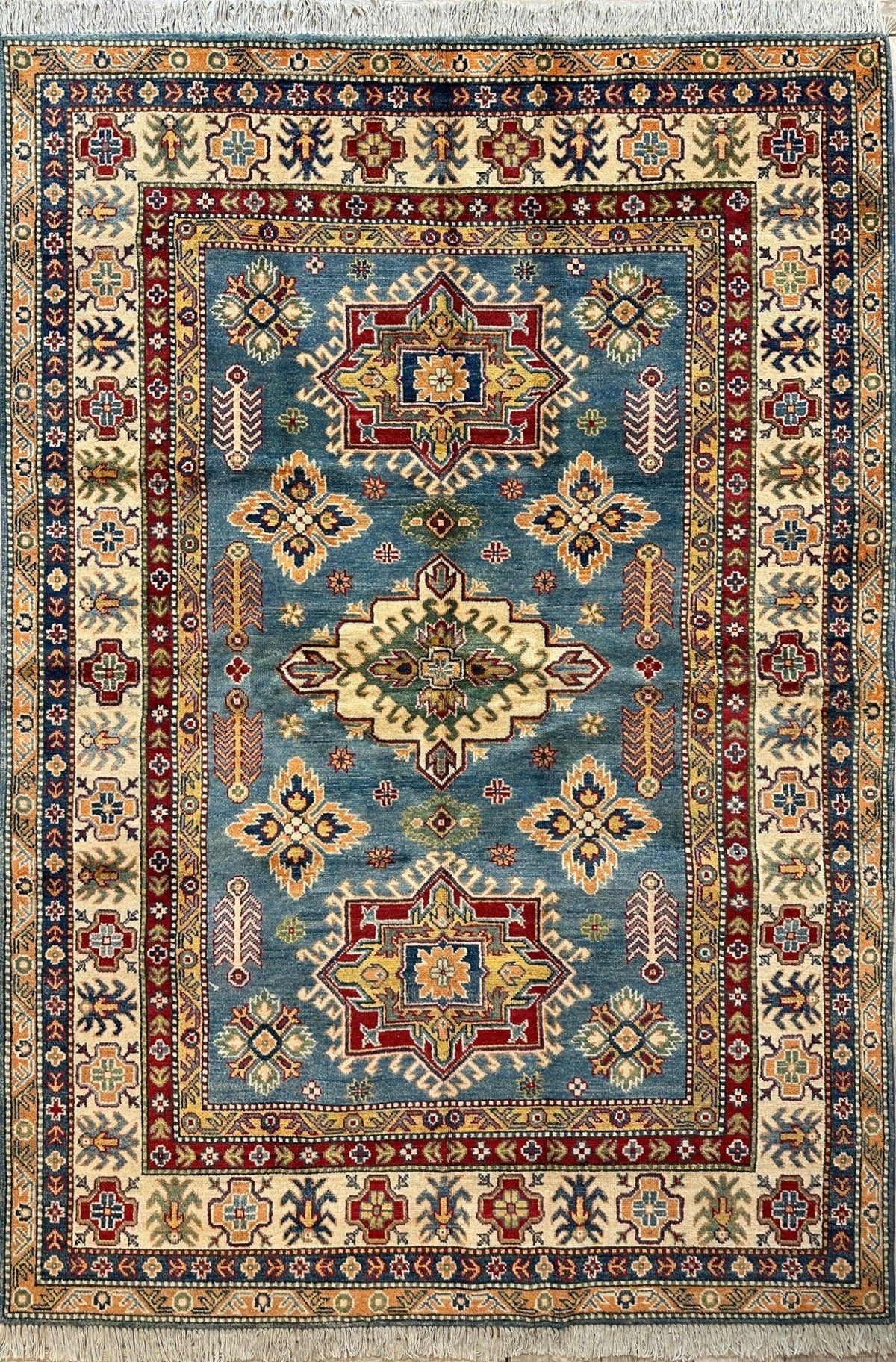 Afghan Super Kazak Rug 5'6" x 8'4", Hand-Knotted Wool, Red