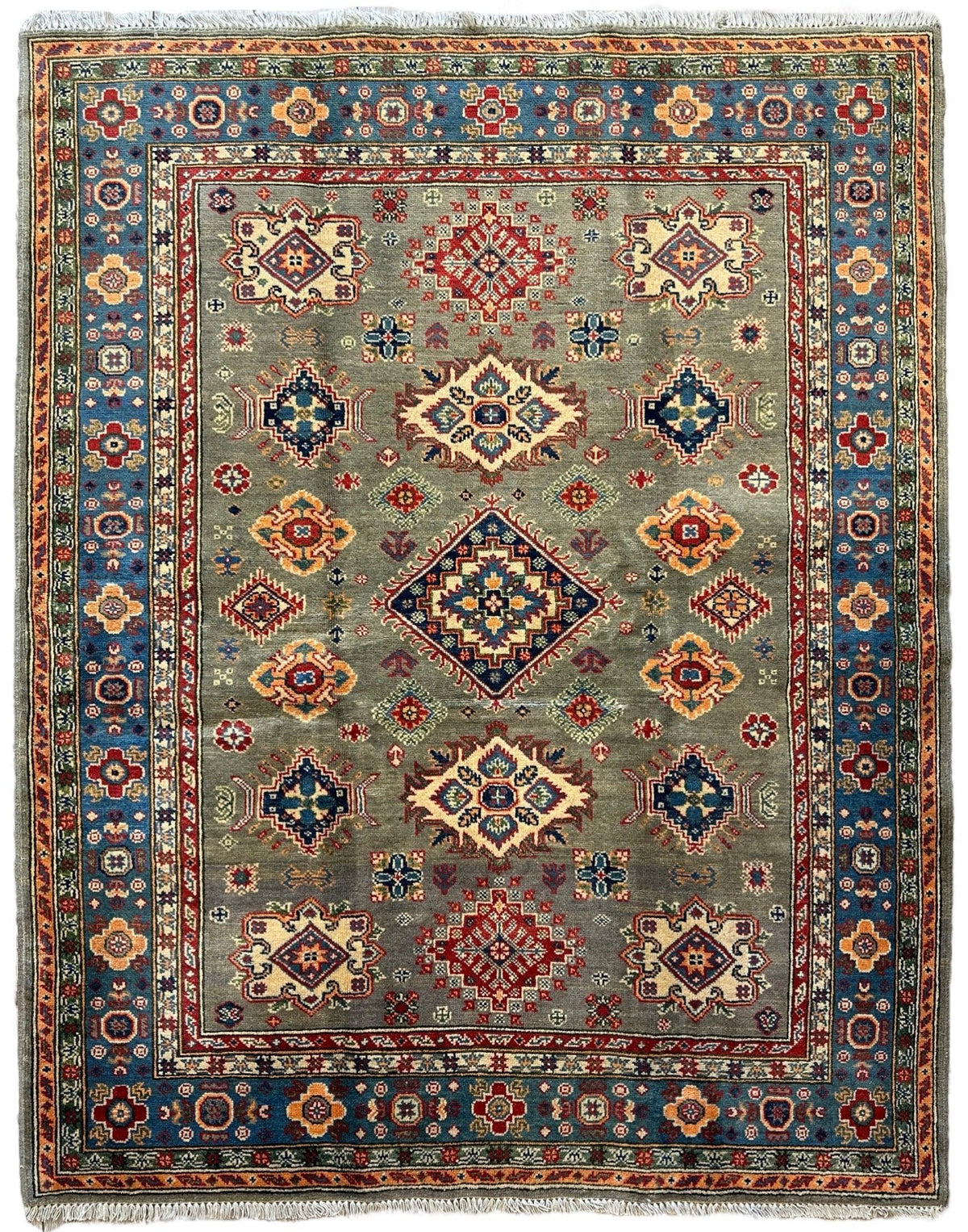 Afghan Super Kazak Rug 4'11" x 6'10", Hand-Knotted Wool, Green