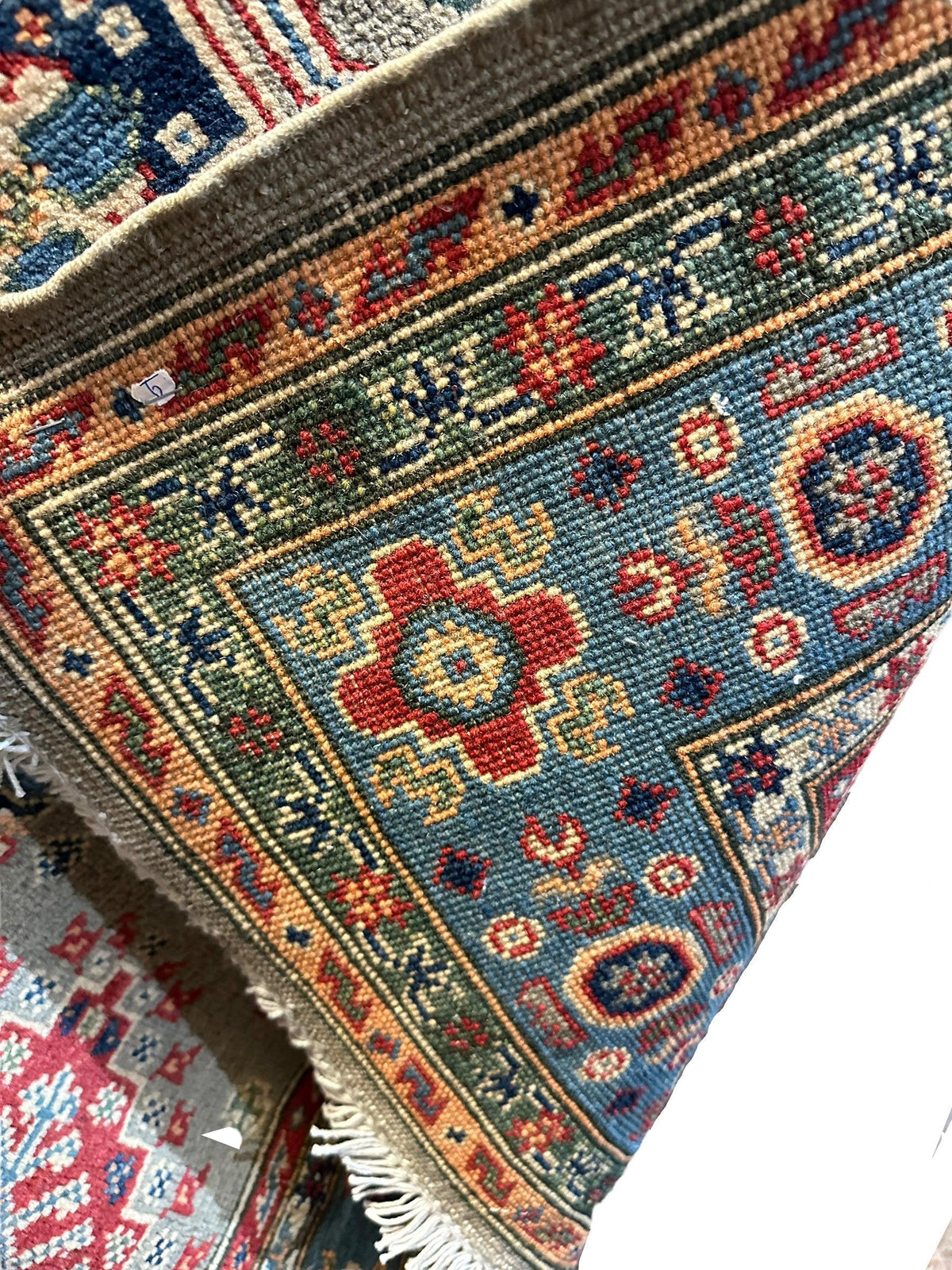 Afghan Super Kazak Rug 4'11" x 6'10", Hand-Knotted Wool, Green, view 10