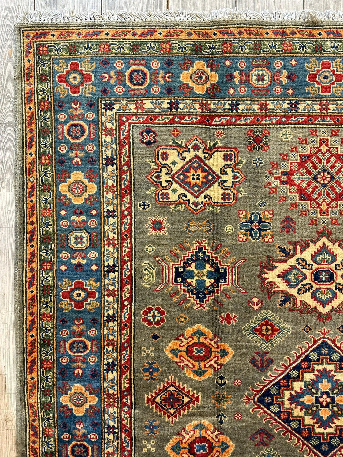 Afghan Super Kazak Rug 4'11" x 6'10", Hand-Knotted Wool, Green, view 8