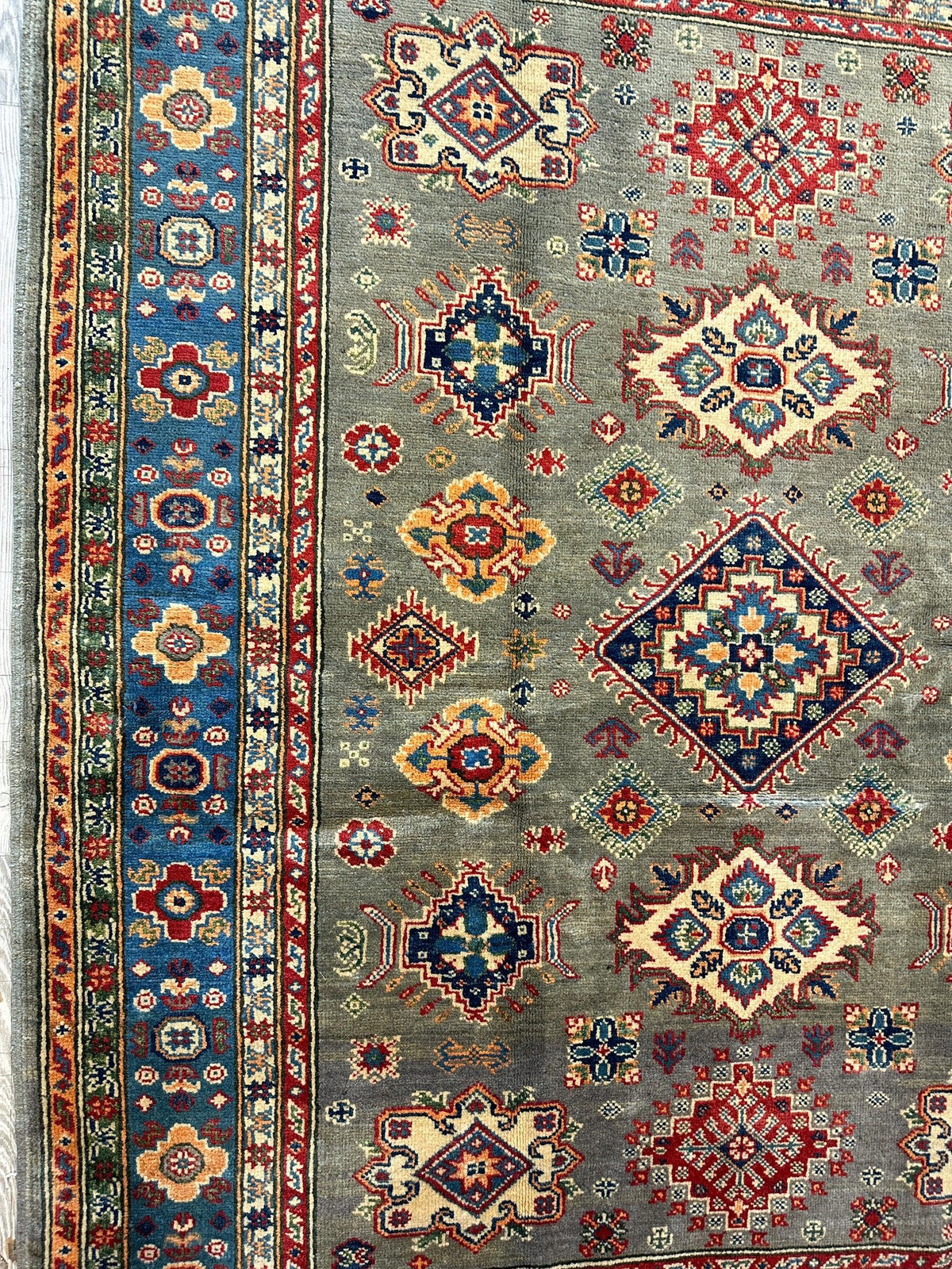 Afghan Super Kazak Rug 4'11" x 6'10", Hand-Knotted Wool, Green, view 9