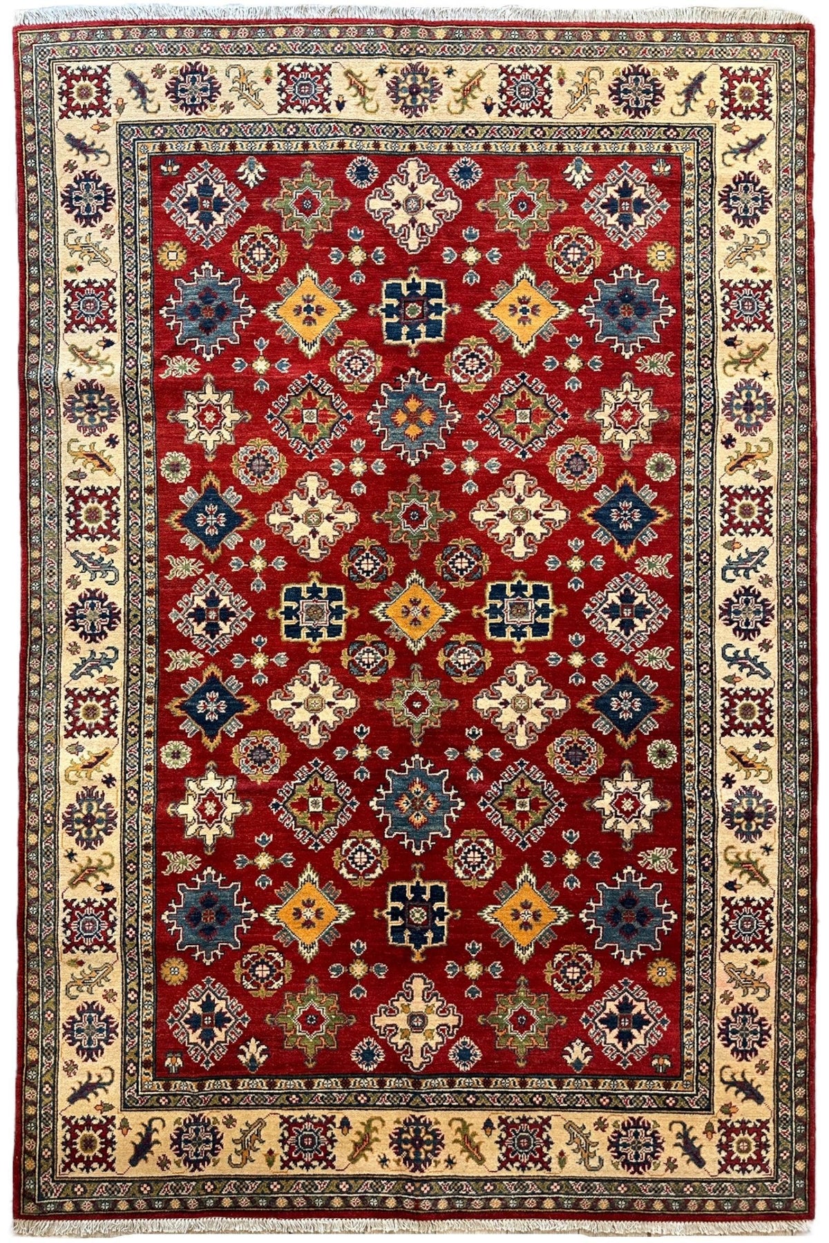 Afghan Kazak Stars Rug 7x10, Red, Ivory, Navy & Gold, Hand-Knotted Wool