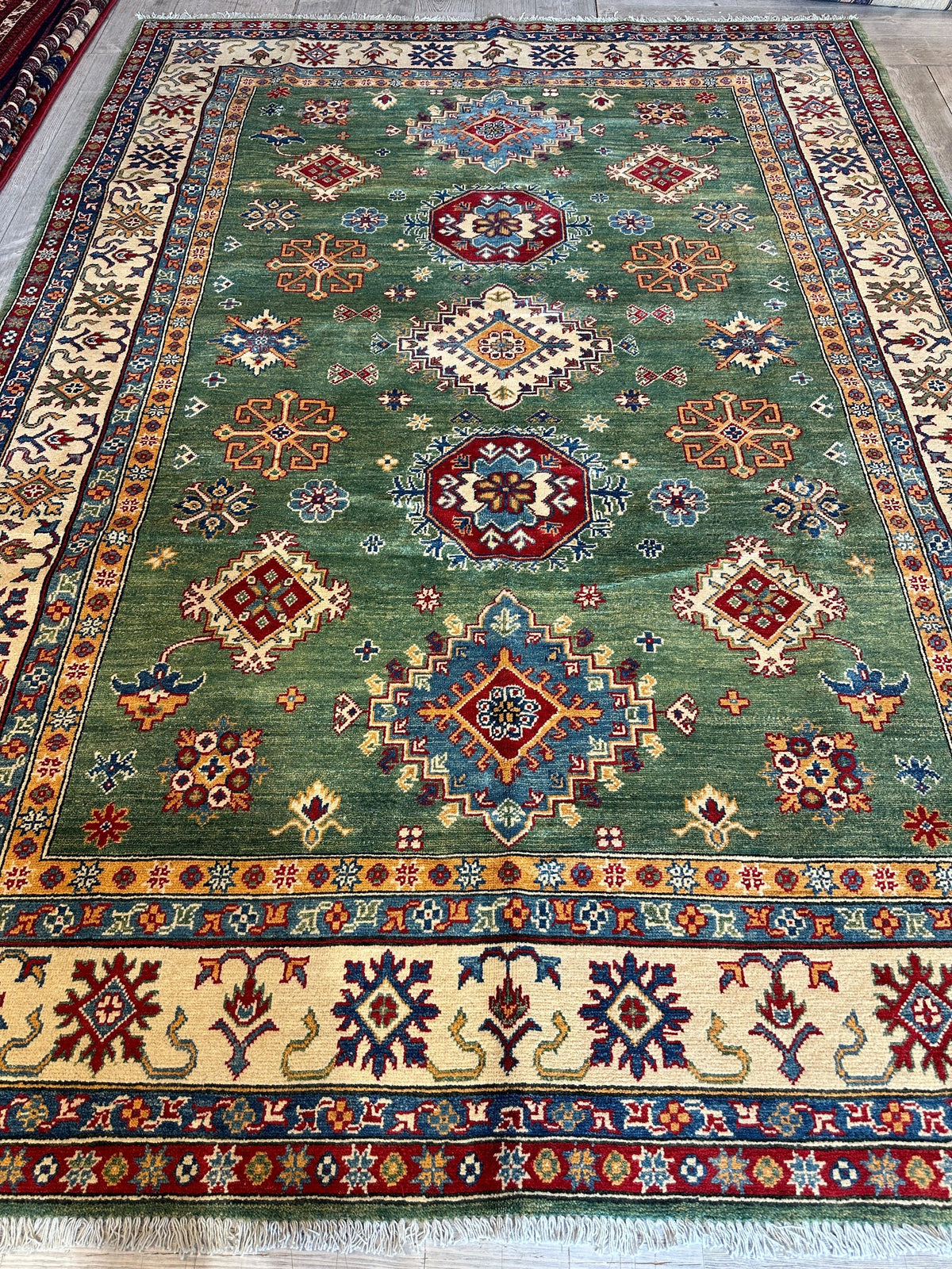 Fine Hand Knotted Afghani Super Kazak Rug 7 x 10, view 10