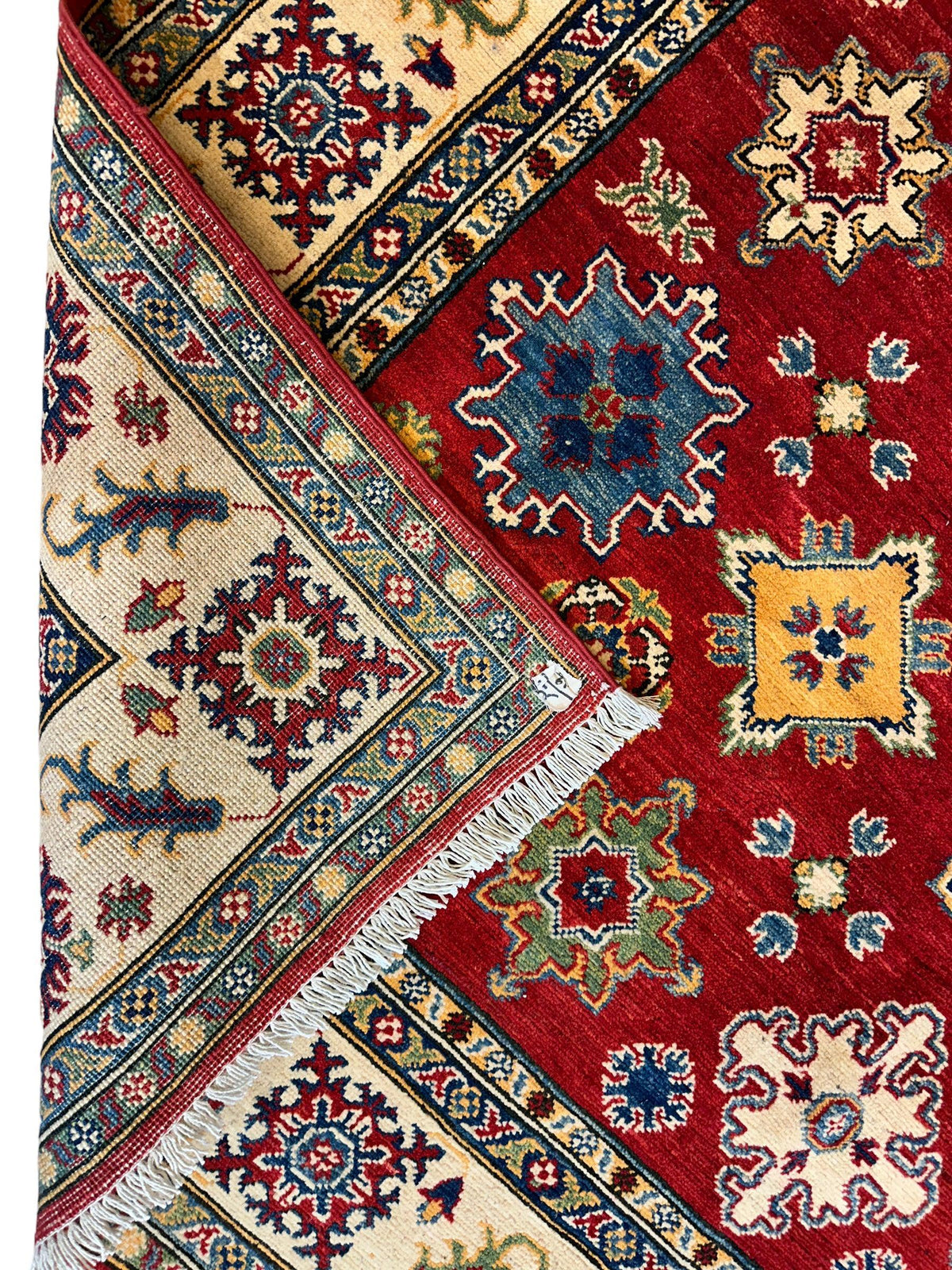 Afghan Kazak Stars Rug 7x10, Red, Ivory, Navy & Gold, Hand-Knotted Wool, view 4
