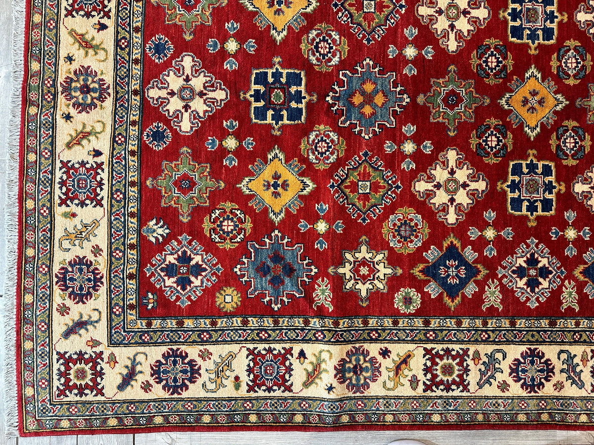 Afghan Kazak Stars Rug 7x10, Red, Ivory, Navy & Gold, Hand-Knotted Wool, view 6
