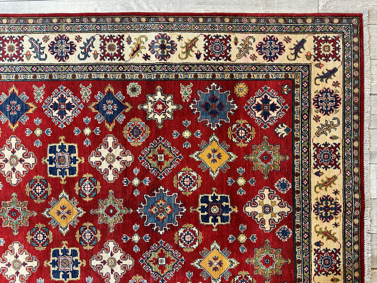 Afghan Kazak Stars Rug 7x10, Red, Ivory, Navy & Gold, Hand-Knotted Wool, view 8