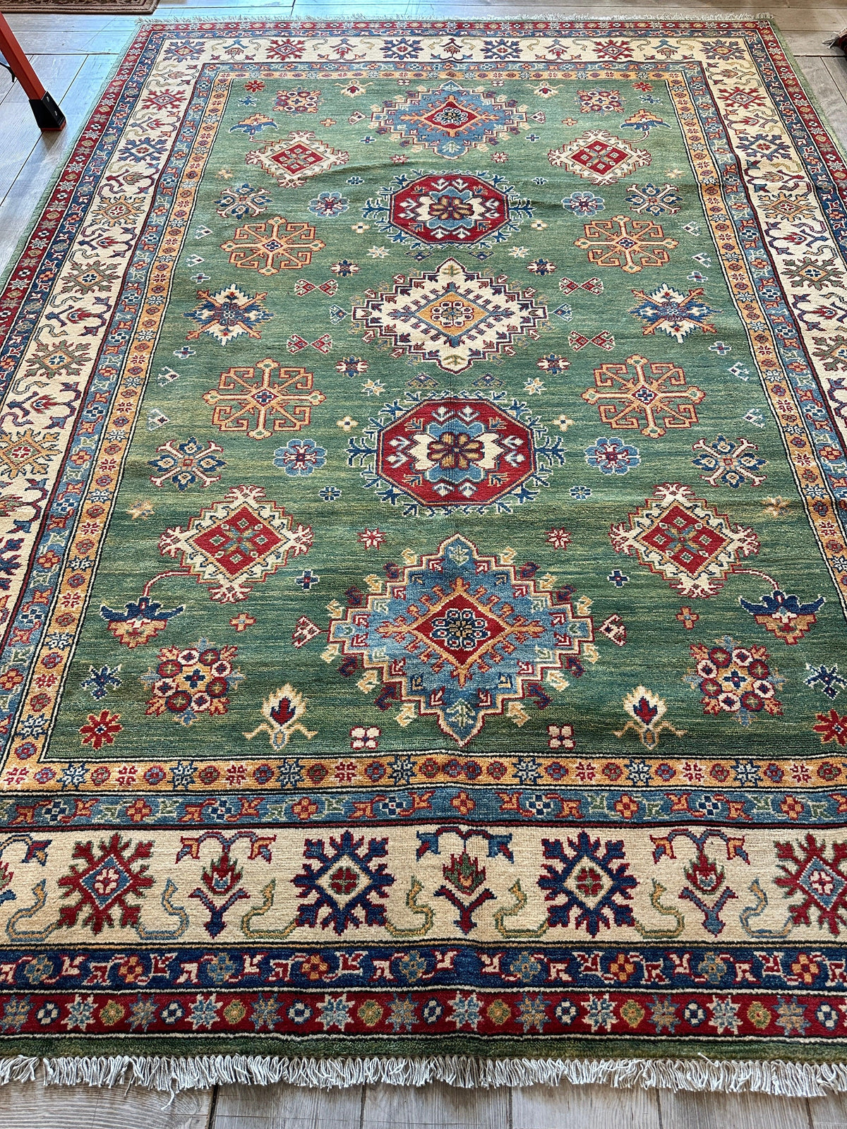 Fine Hand Knotted Afghani Super Kazak Rug 7 x 10, view 9