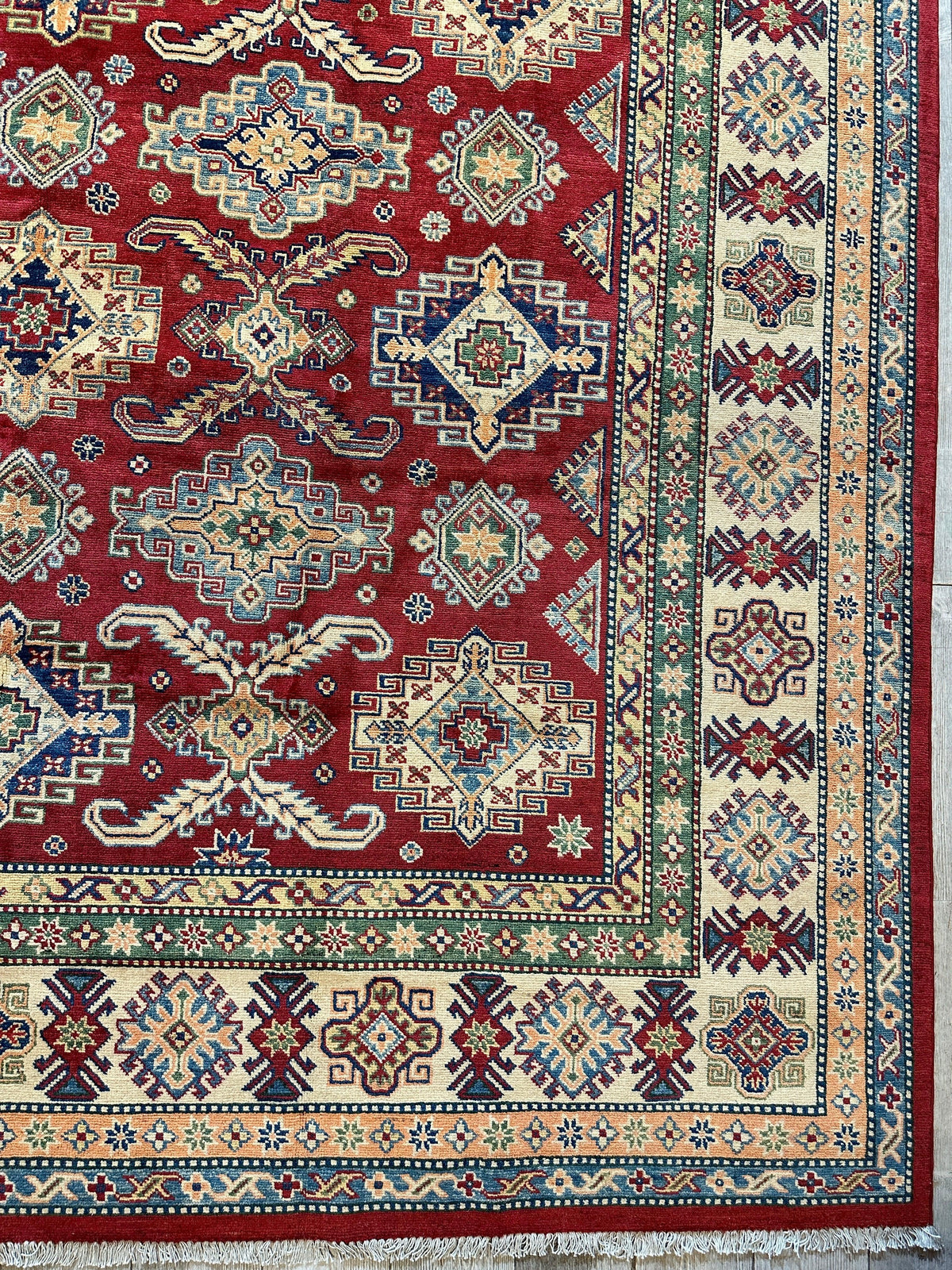 Afghan Kazak Tribal Rug 9x12, Red, Ivory & Gold, Hand-Knotted Wool, view 10