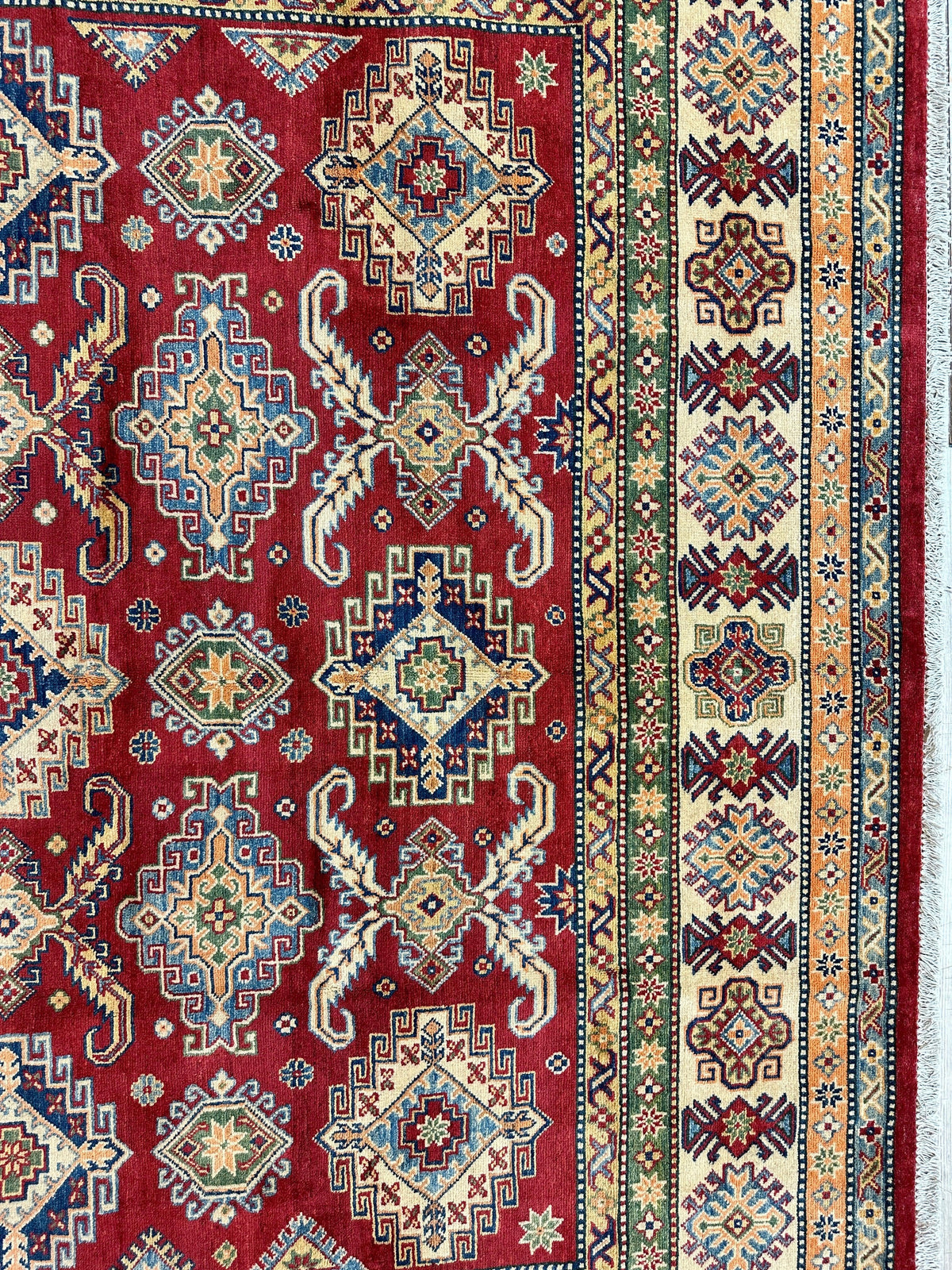 Afghan Kazak Tribal Rug 9x12, Red, Ivory & Gold, Hand-Knotted Wool, view 11