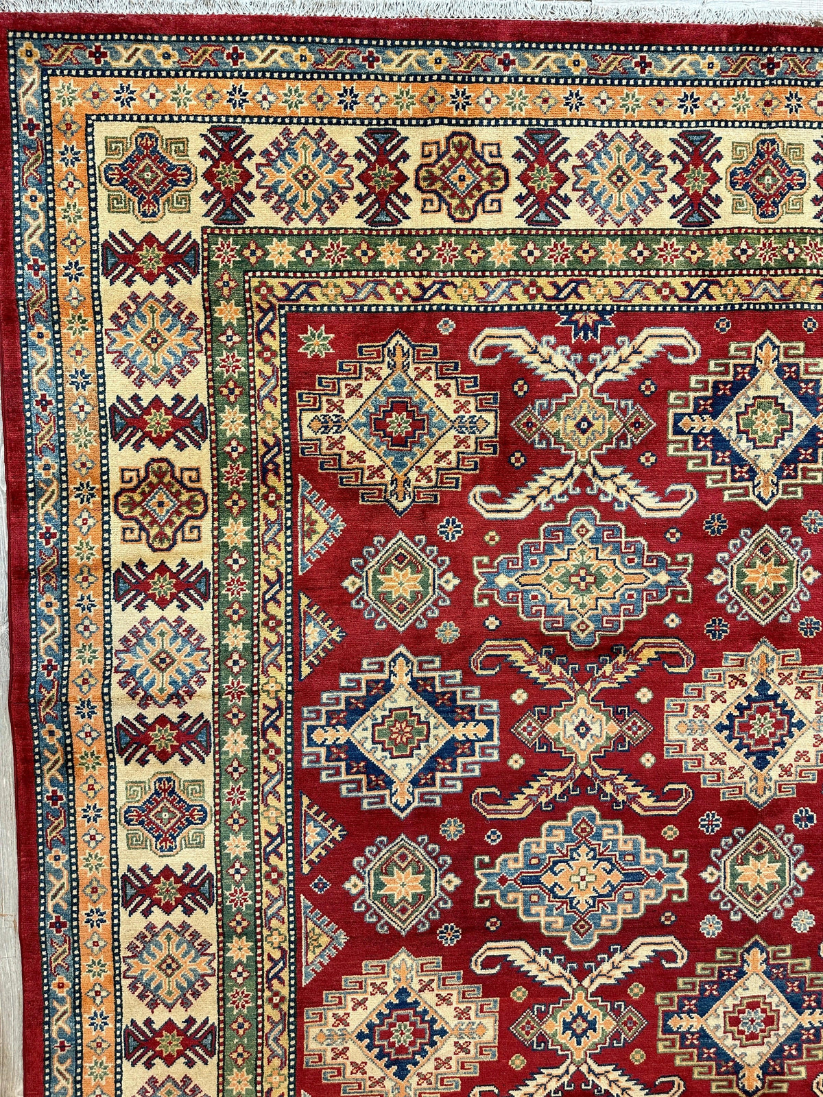 Afghan Kazak Tribal Rug 9x12, Red, Ivory & Gold, Hand-Knotted Wool, view 14