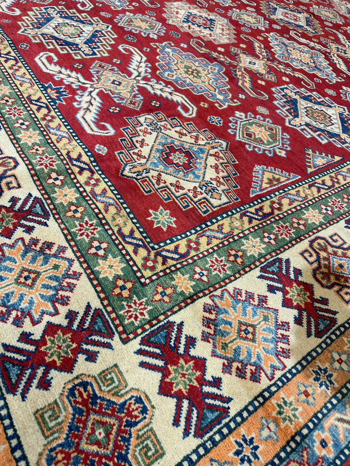 Afghan Kazak Tribal Rug 9x12, Red, Ivory & Gold, Hand-Knotted Wool, view 15