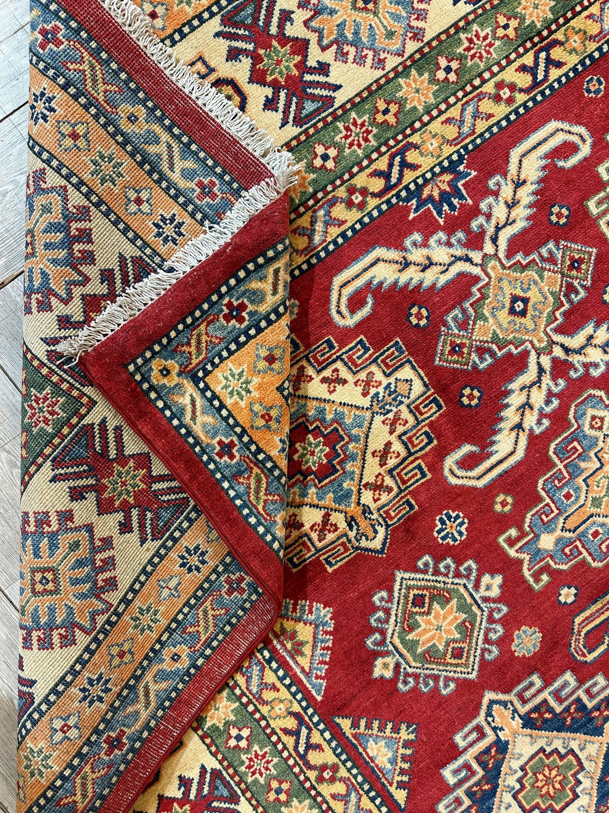 Afghan Kazak Tribal Rug 9x12, Red, Ivory & Gold, Hand-Knotted Wool, view 16