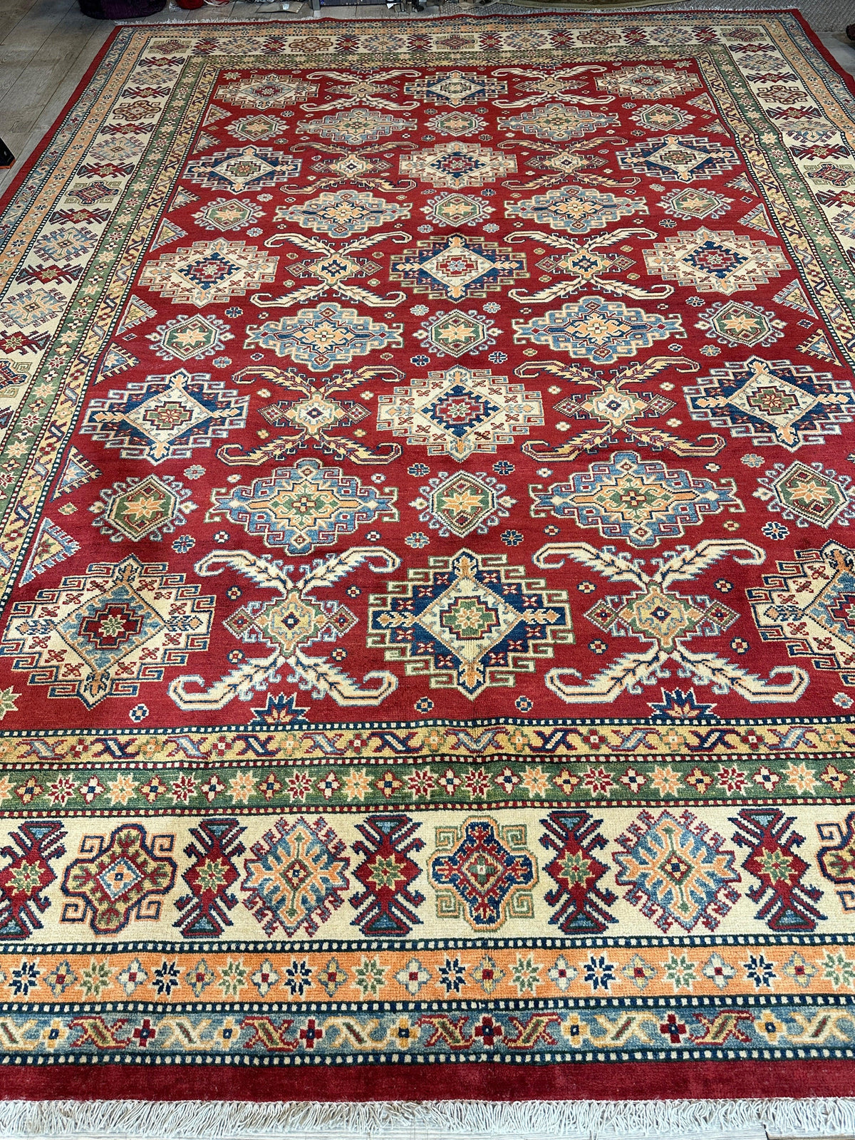 Afghan Kazak Tribal Rug 9x12, Red, Ivory & Gold, Hand-Knotted Wool, view 3