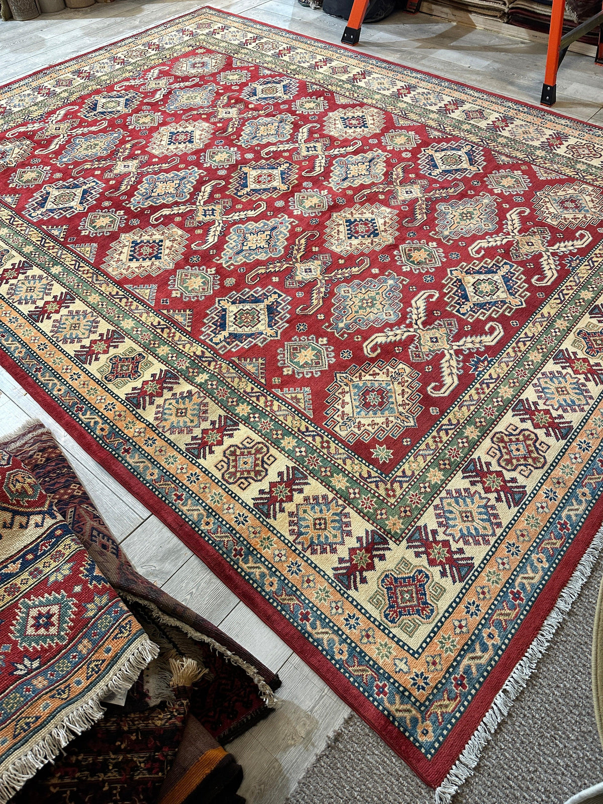 Afghan Kazak Tribal Rug 9x12, Red, Ivory & Gold, Hand-Knotted Wool, view 4