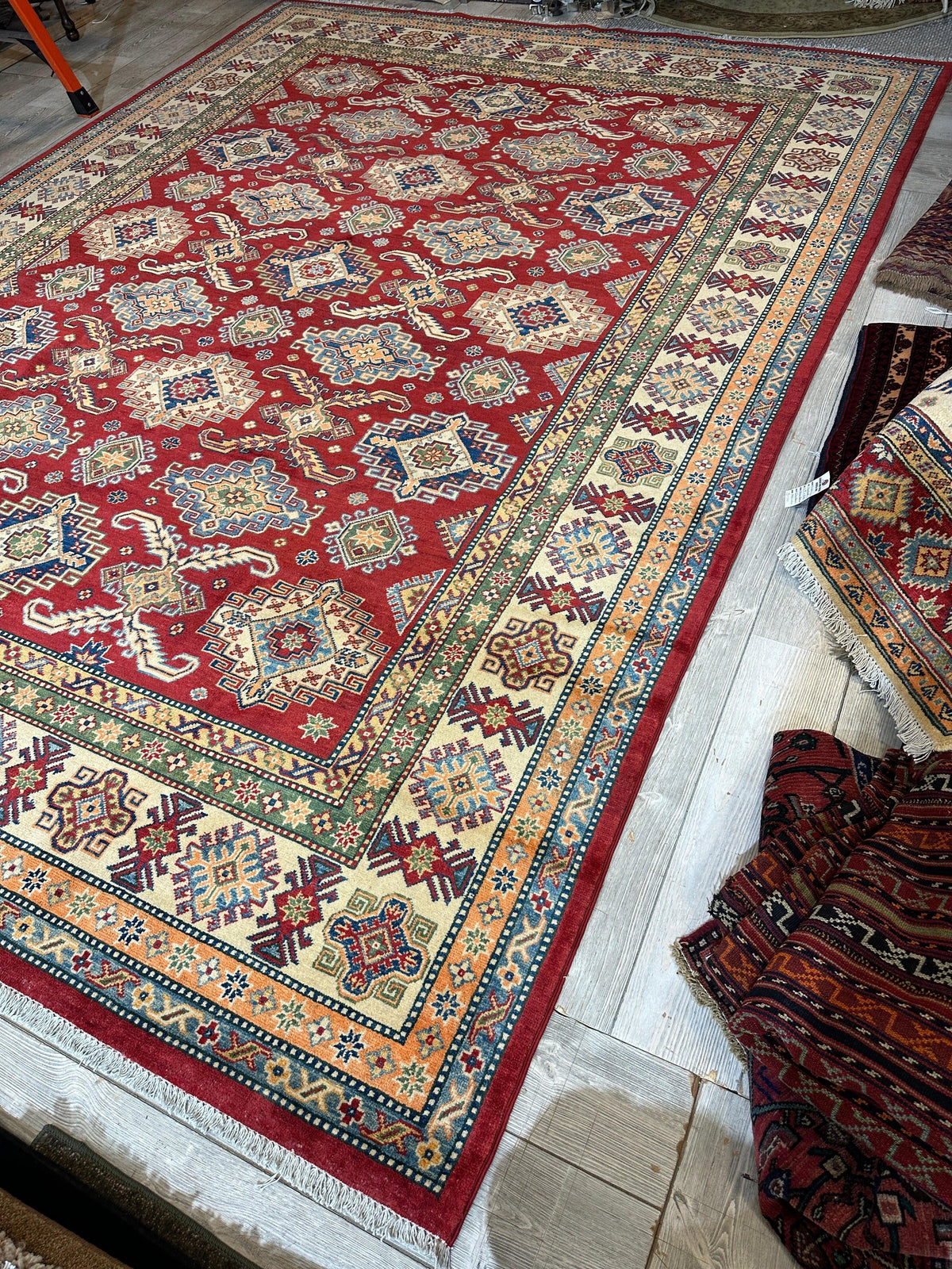 Afghan Kazak Tribal Rug 9x12, Red, Ivory & Gold, Hand-Knotted Wool, view 5
