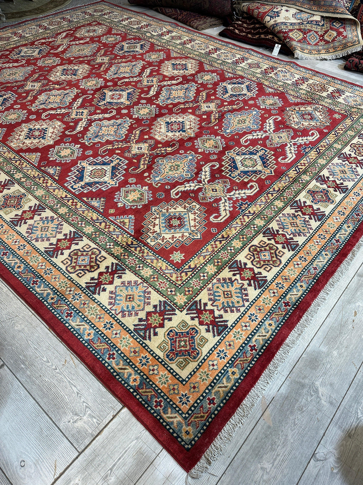 Afghan Kazak Tribal Rug 9x12, Red, Ivory & Gold, Hand-Knotted Wool, view 6