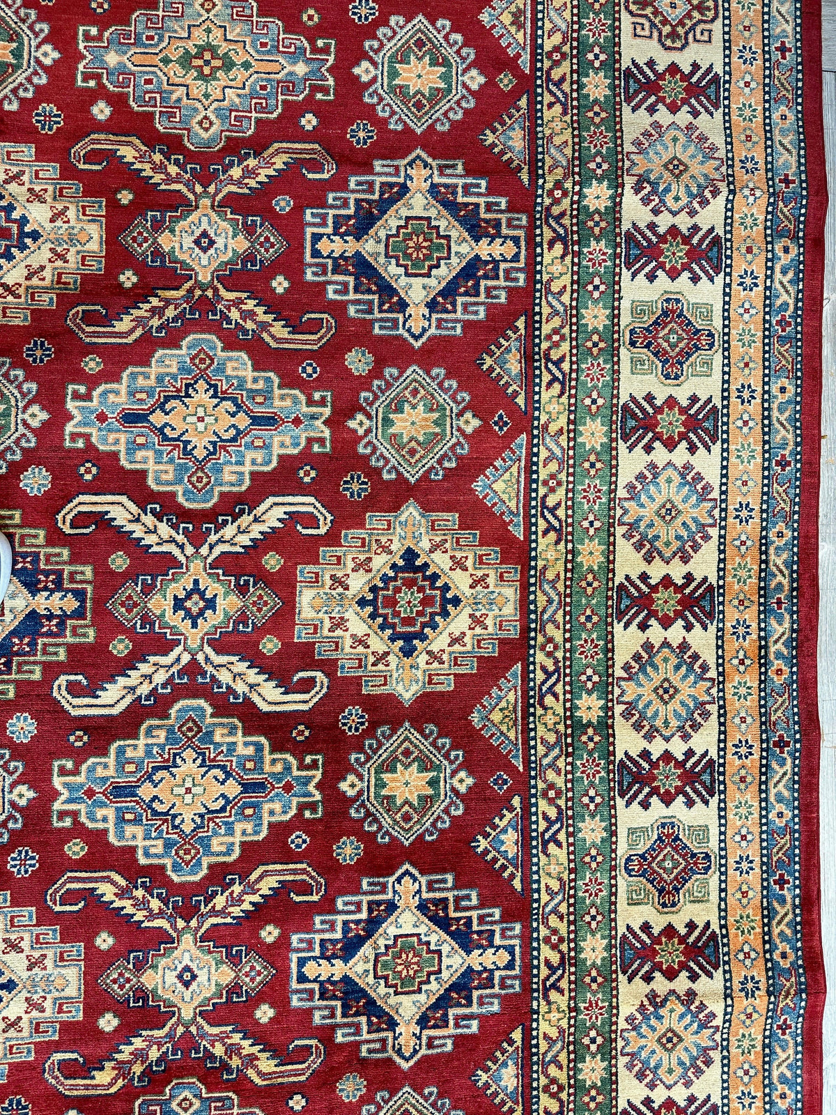Afghan Kazak Tribal Rug 9x12, Red, Ivory & Gold, Hand-Knotted Wool, view 7