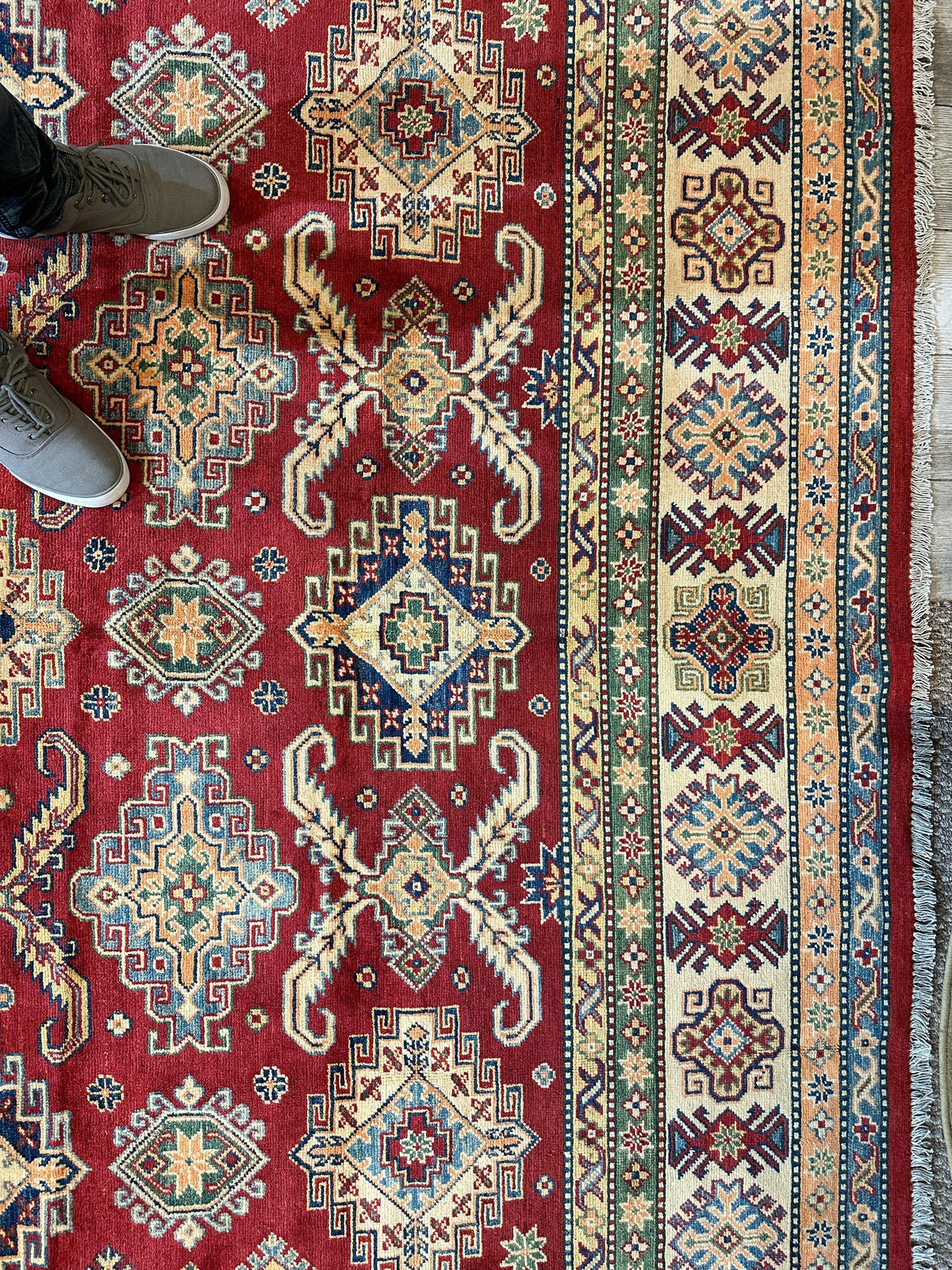 Afghan Kazak Tribal Rug 9x12, Red, Ivory & Gold, Hand-Knotted Wool, view 9