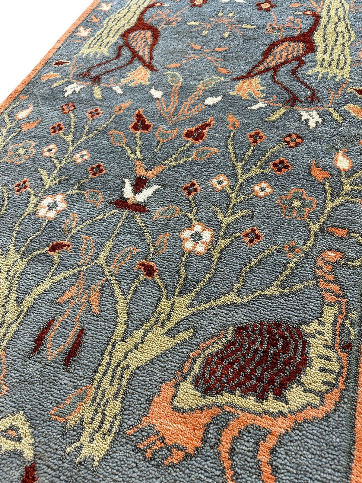 Indian Oushak Rug 3x5, Light Blue, Olive Green & Orange, Hand-Knotted Wool, view 4