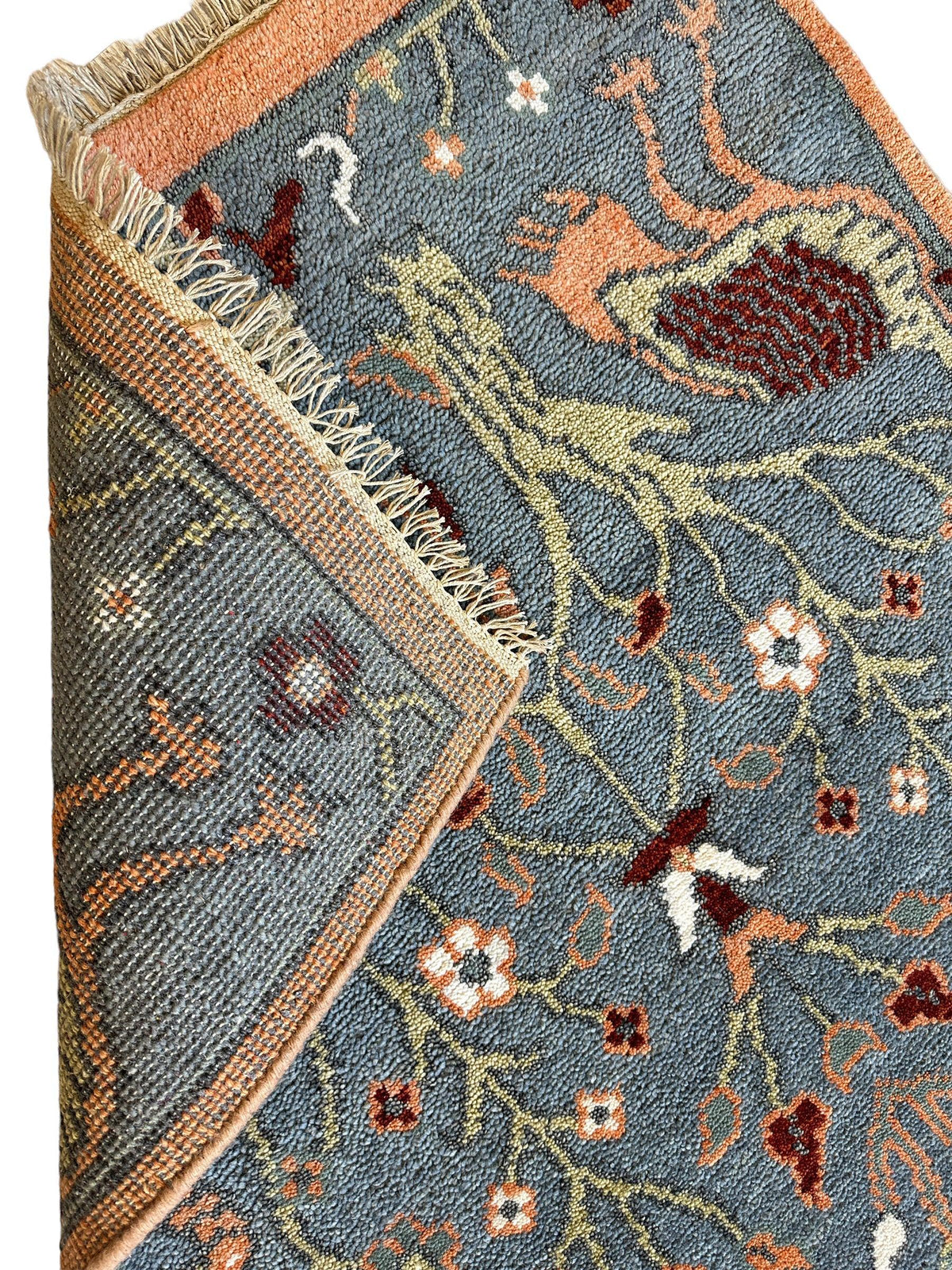Indian Oushak Rug 3x5, Light Blue, Olive Green & Orange, Hand-Knotted Wool, view 5