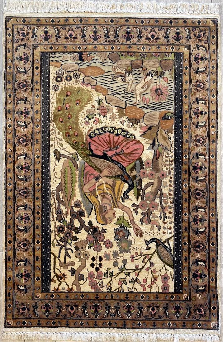 Vintage Chinese Pictorial Rug 4' x 5'11", Hand-Knotted Wool, Yellow, view 3