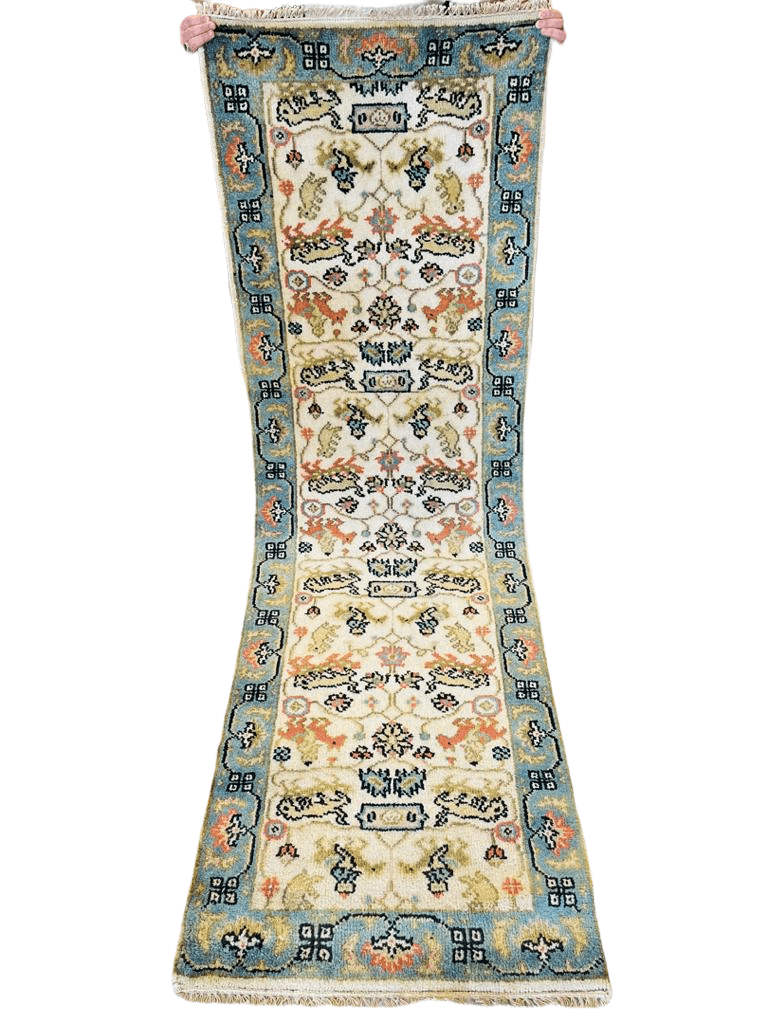 Indian Oushak Runner 3x8, Ivory, Light Blue & Orange, Wool
