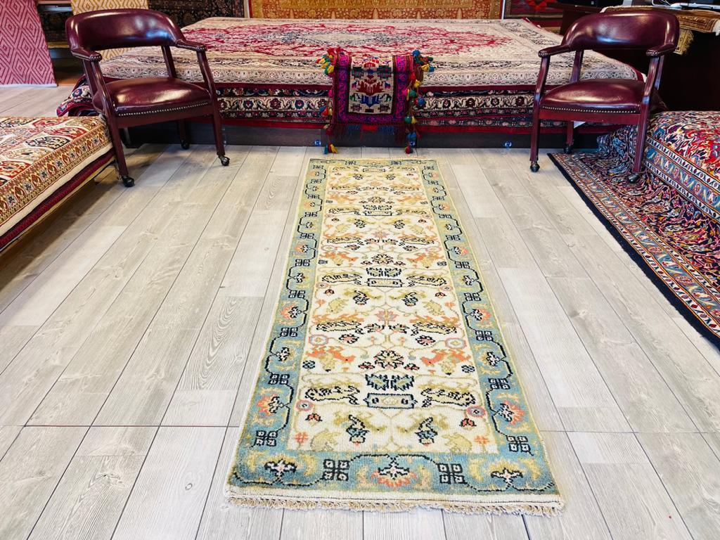 Indian Oushak Runner 3x8, Ivory, Light Blue & Orange, Wool, view 3