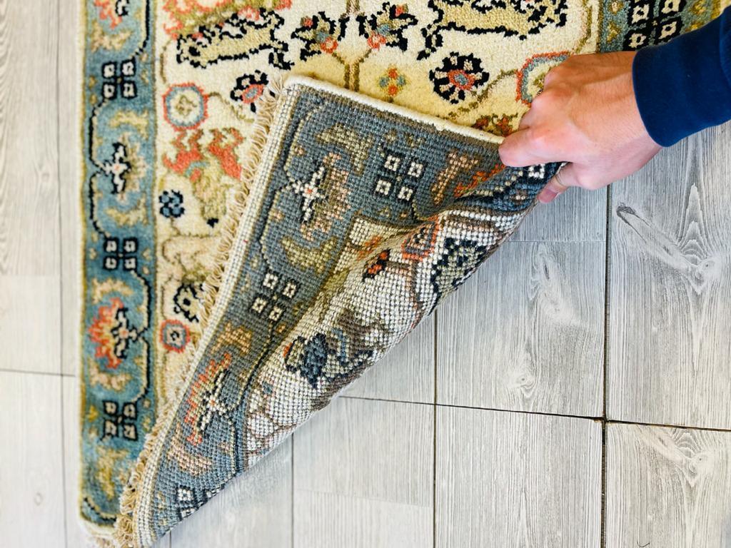 Indian Oushak Runner 3x8, Ivory, Light Blue & Orange, Wool, view 4