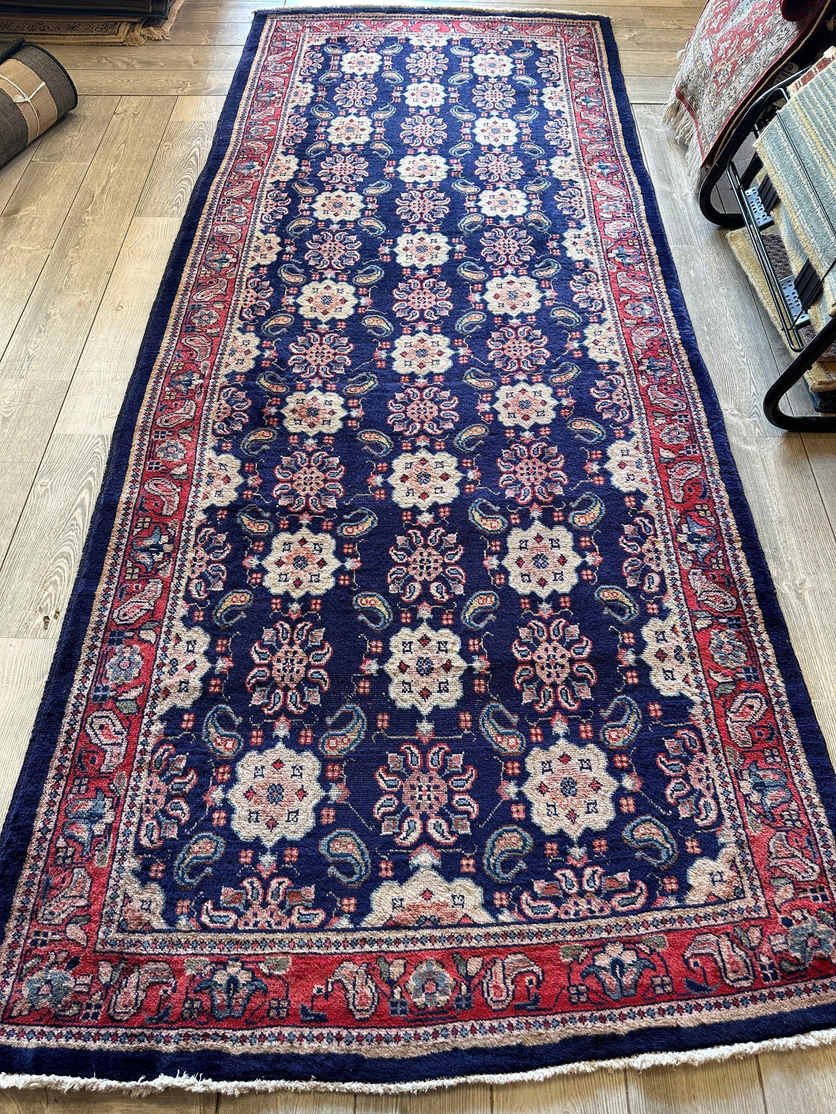 Antique Persian Varamin Rug 4'3" x 10'2", Hand-Knotted Wool, Orange, view 5