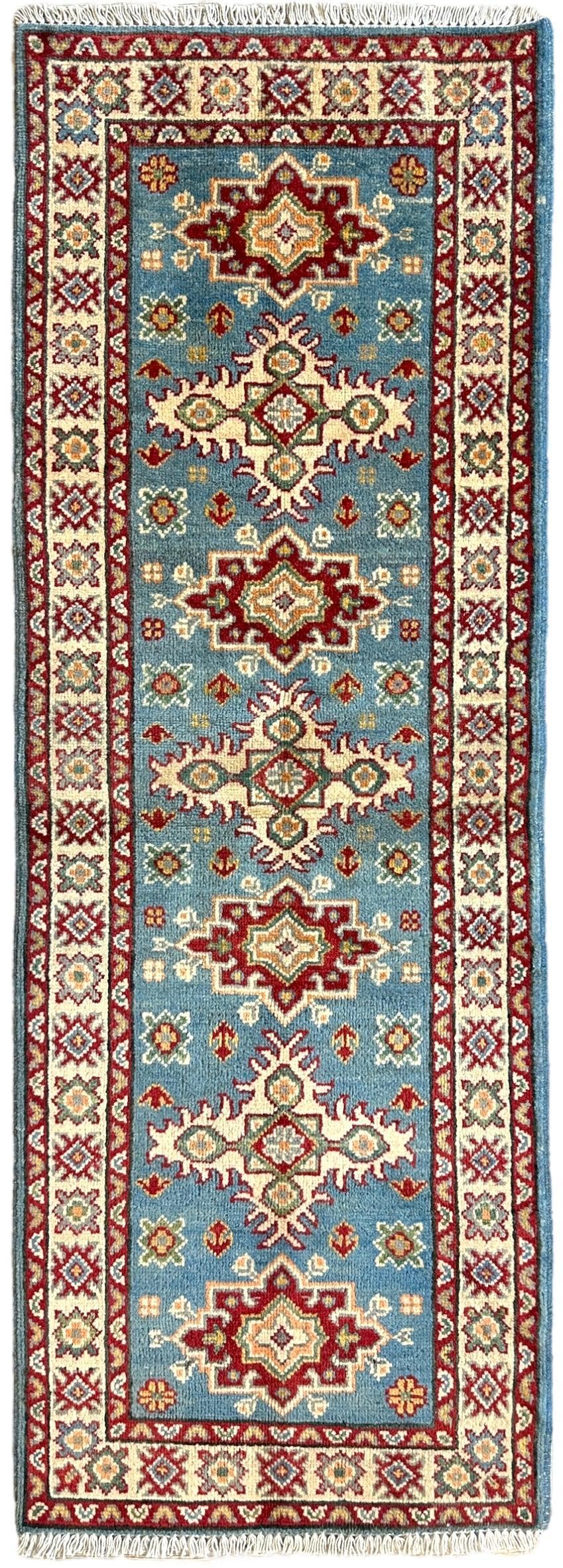 Afghan Super Kazak Runner 2'2" x 6', Hand-Knotted Wool, Beige & Blue