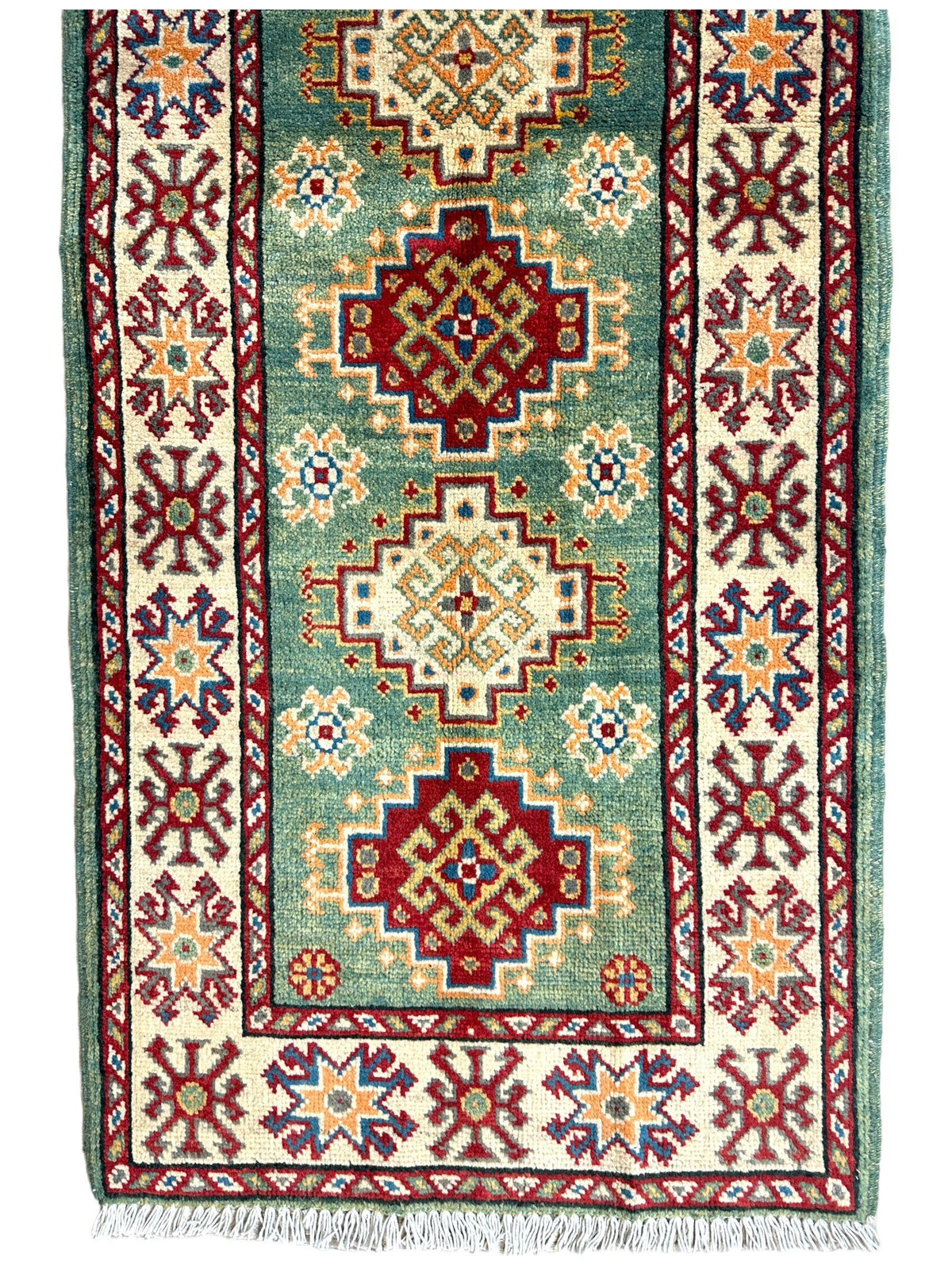 Afghan Super Kazak Runner 2'2" x 6', Hand-Knotted Wool, Beige & Green, view 3