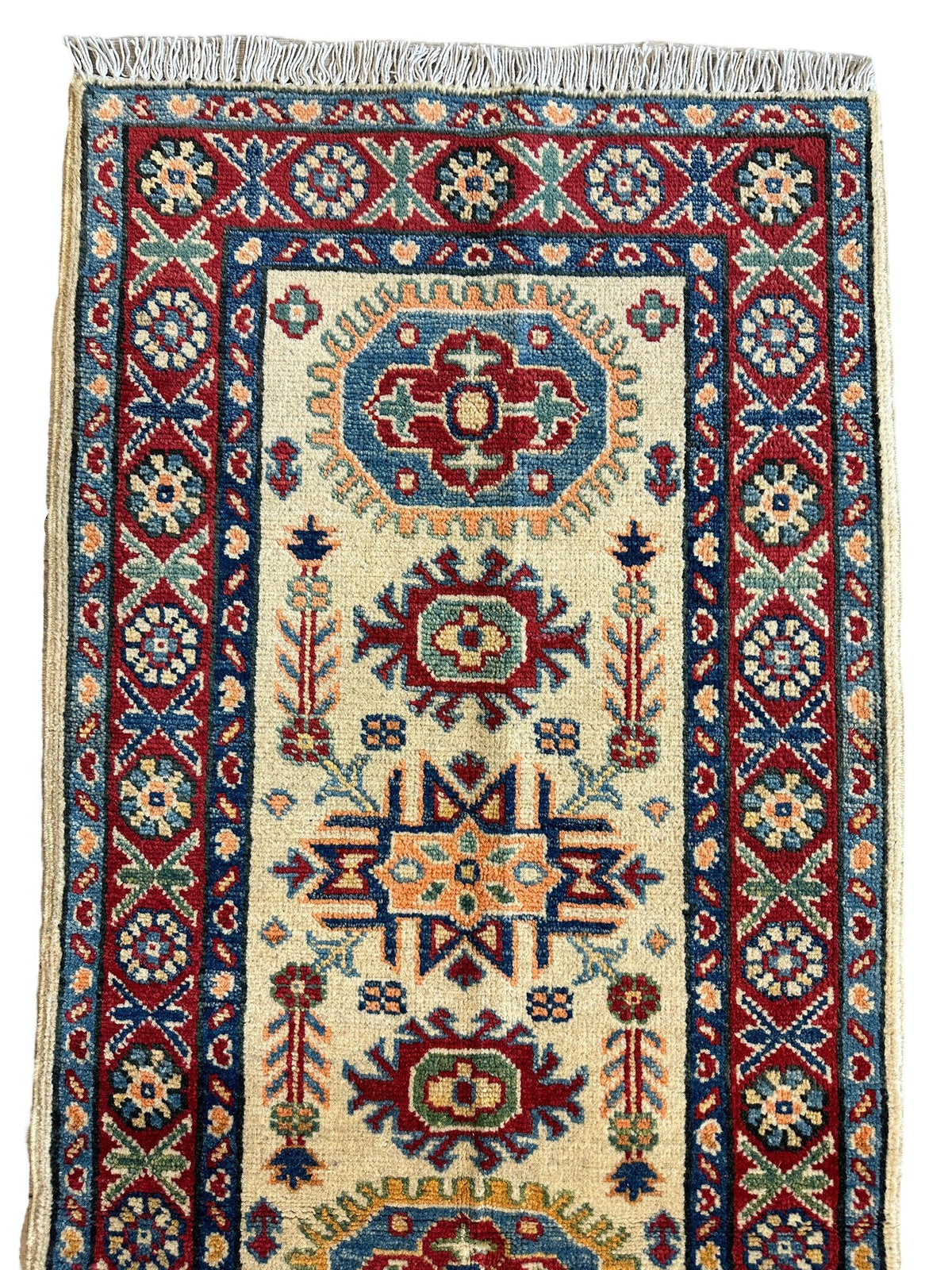 Afghan Super Kazak Runner 2'2" x 6', Hand-Knotted Wool, Beige & Blue, view 4