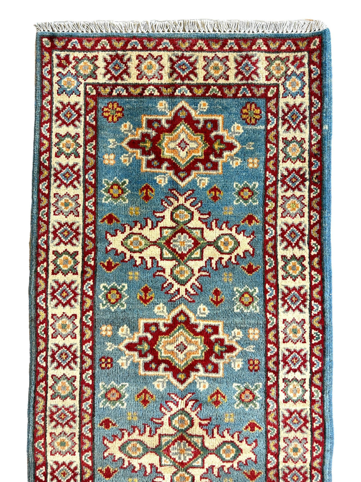 Afghan Super Kazak Runner 2'2" x 6', Hand-Knotted Wool, Beige & Blue, view 5