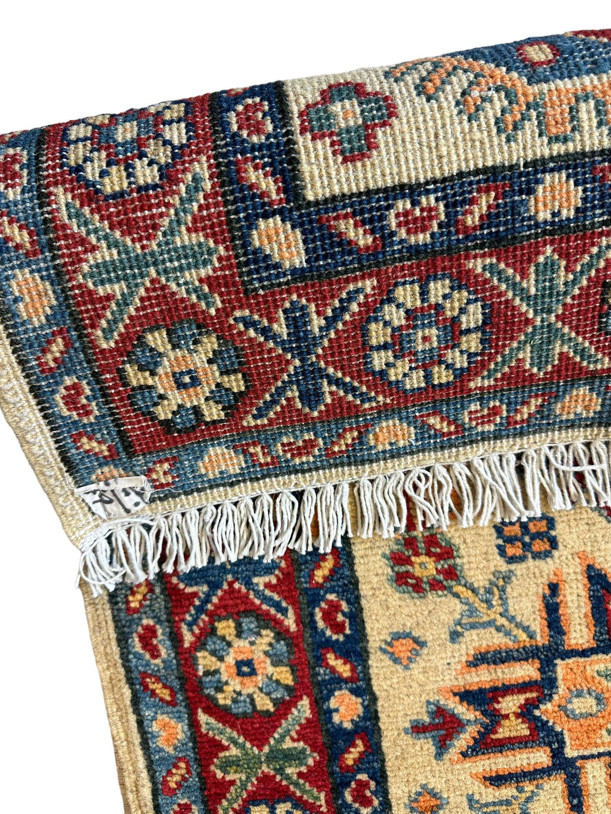 Afghan Super Kazak Runner 2'2" x 6', Hand-Knotted Wool, Beige & Blue, view 6