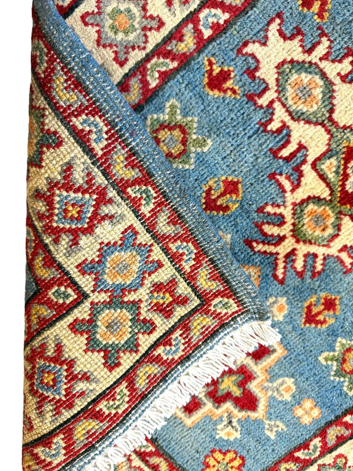 Afghan Super Kazak Runner 2'2" x 6', Hand-Knotted Wool, Beige & Blue, view 7