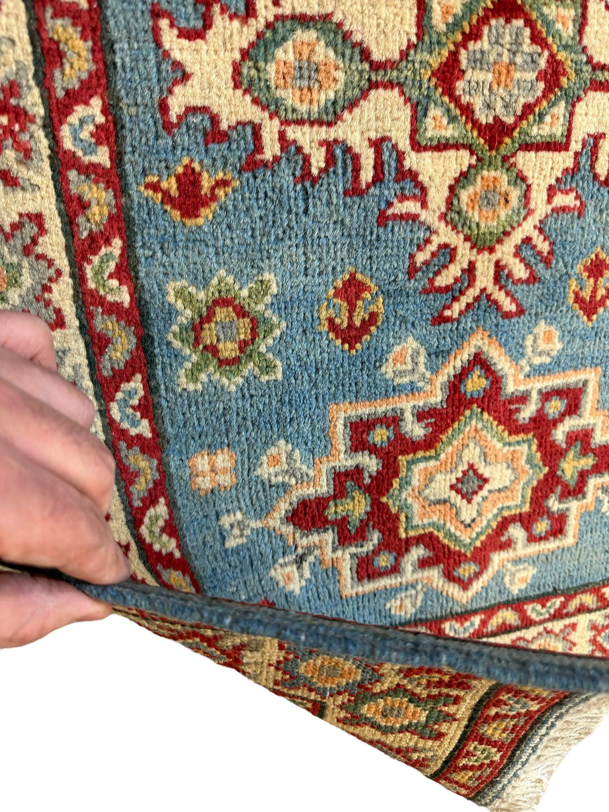 Afghan Super Kazak Runner 2'2" x 6', Hand-Knotted Wool, Beige & Blue, view 8