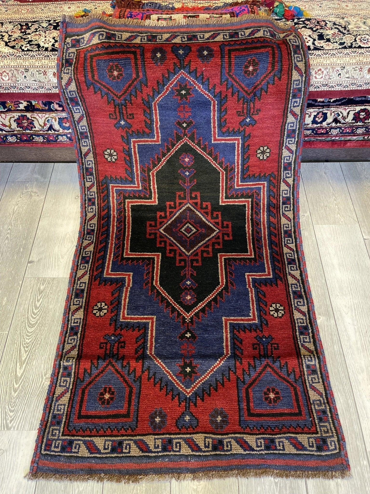 Afghan Baluch Rug 3' x 5', Hand-Knotted Wool, Blue & Red