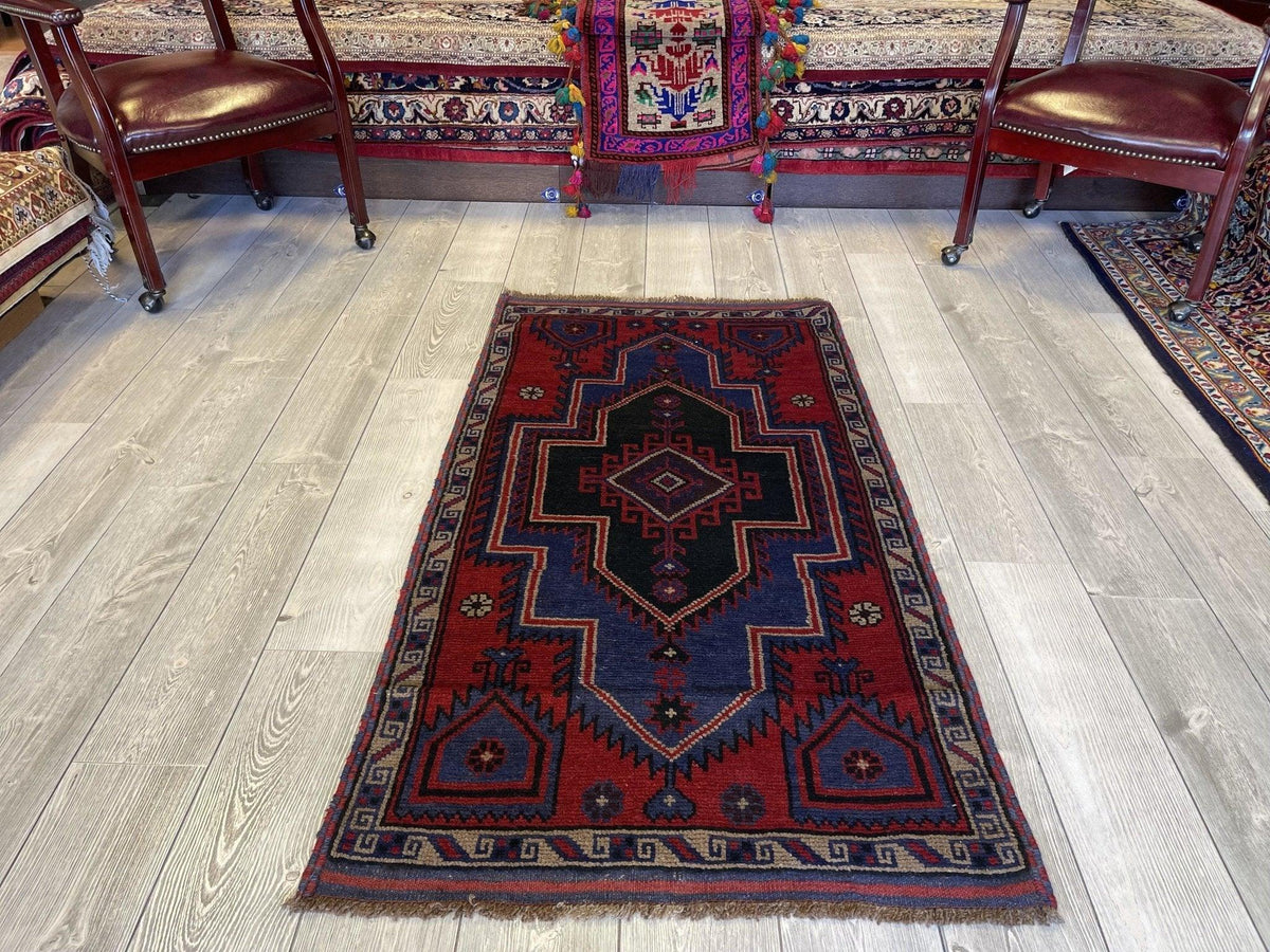 Afghan Baluch Rug 3' x 5', Hand-Knotted Wool, Blue & Red, view 3