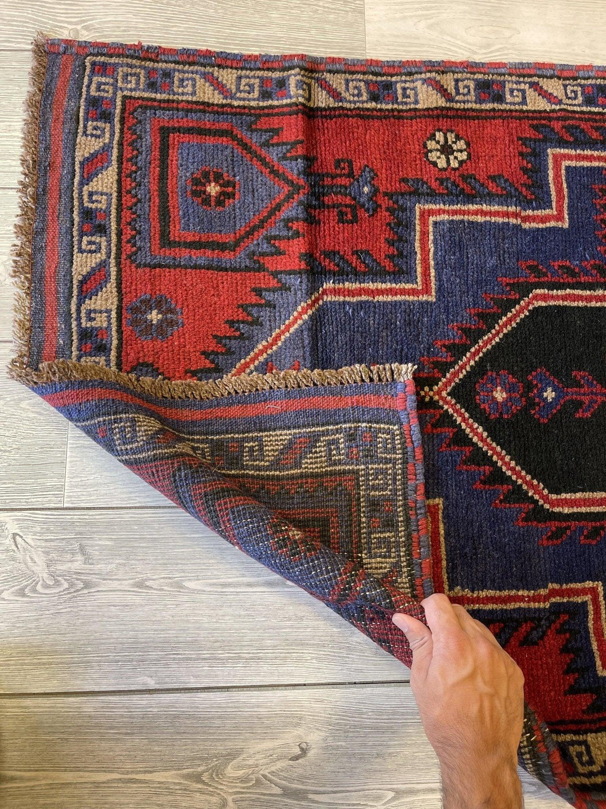 Afghan Baluch Rug 3' x 5', Hand-Knotted Wool, Blue & Red, view 4