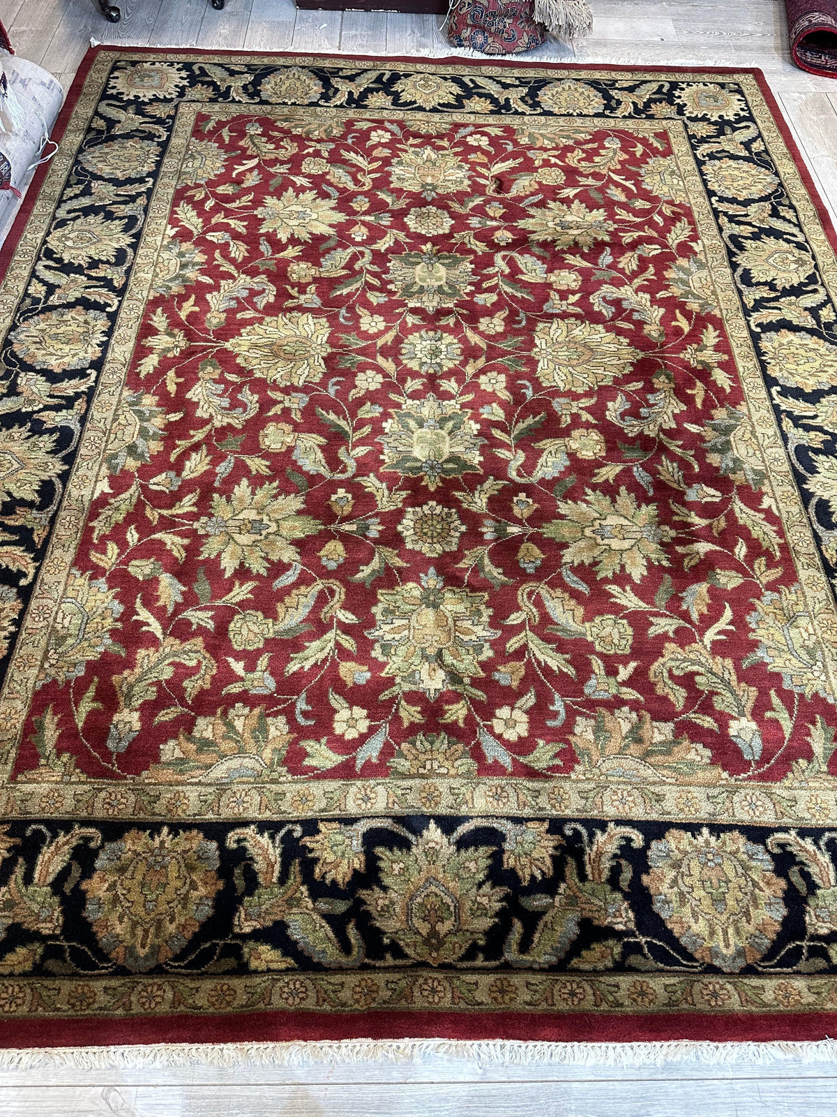 Indian Agra Rug 8'1" x 10', Hand-Knotted Wool, Brown, Cream & Red, view 2