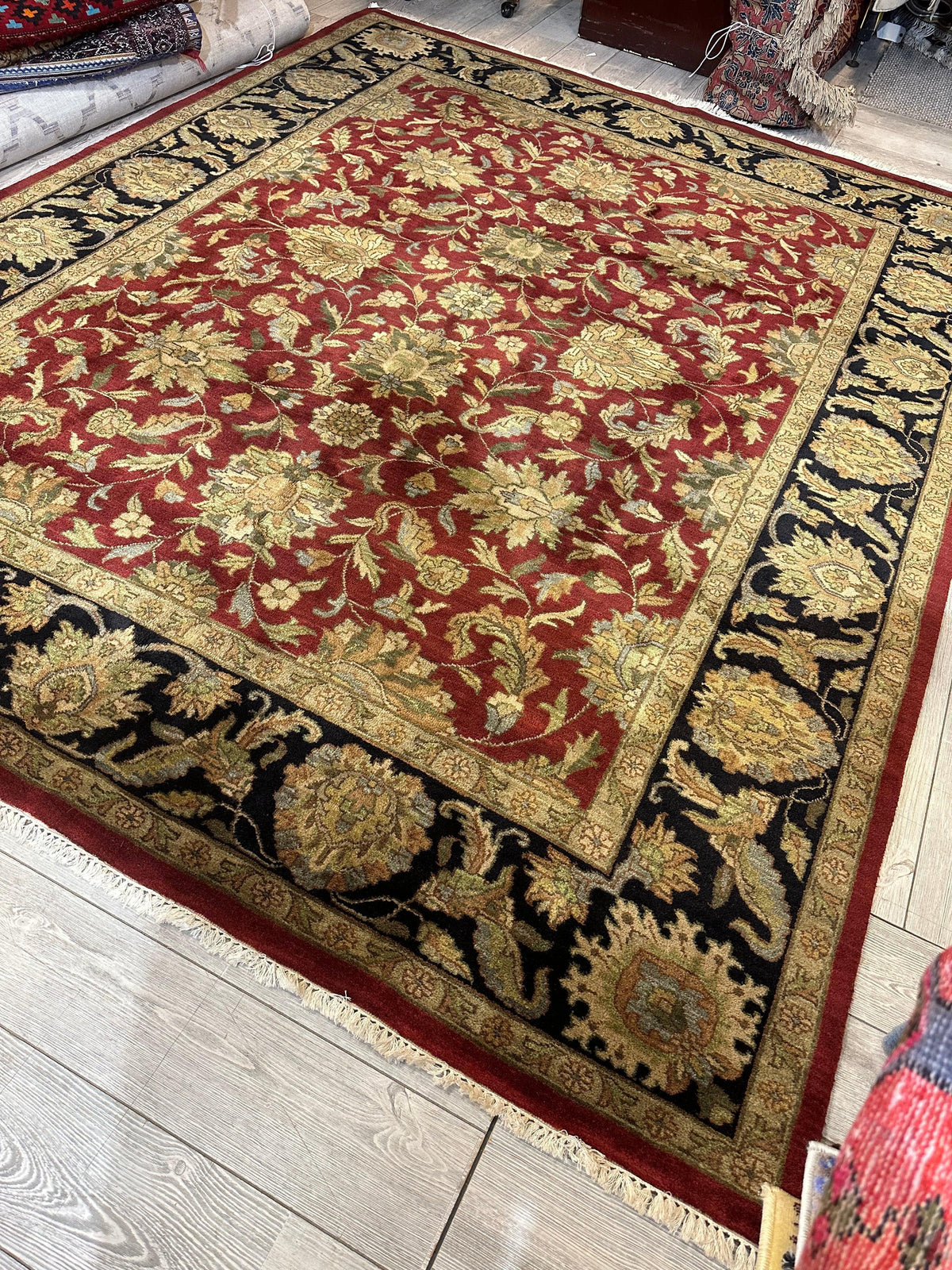 Indian Agra Rug 8'1" x 10', Hand-Knotted Wool, Brown, Cream & Red, view 3