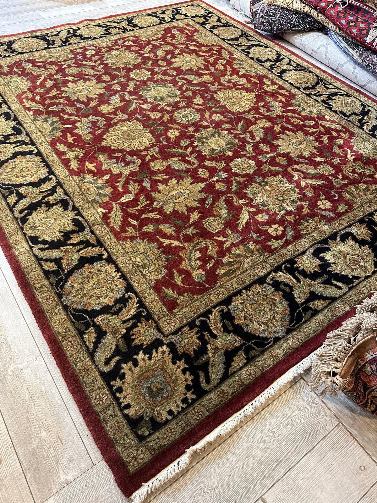 Indian Agra Rug 8'1" x 10', Hand-Knotted Wool, Brown, Cream & Red, view 5
