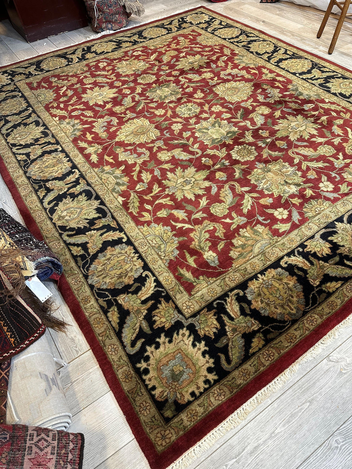 Indian Agra Rug 8'1" x 10', Hand-Knotted Wool, Brown, Cream & Red, view 6