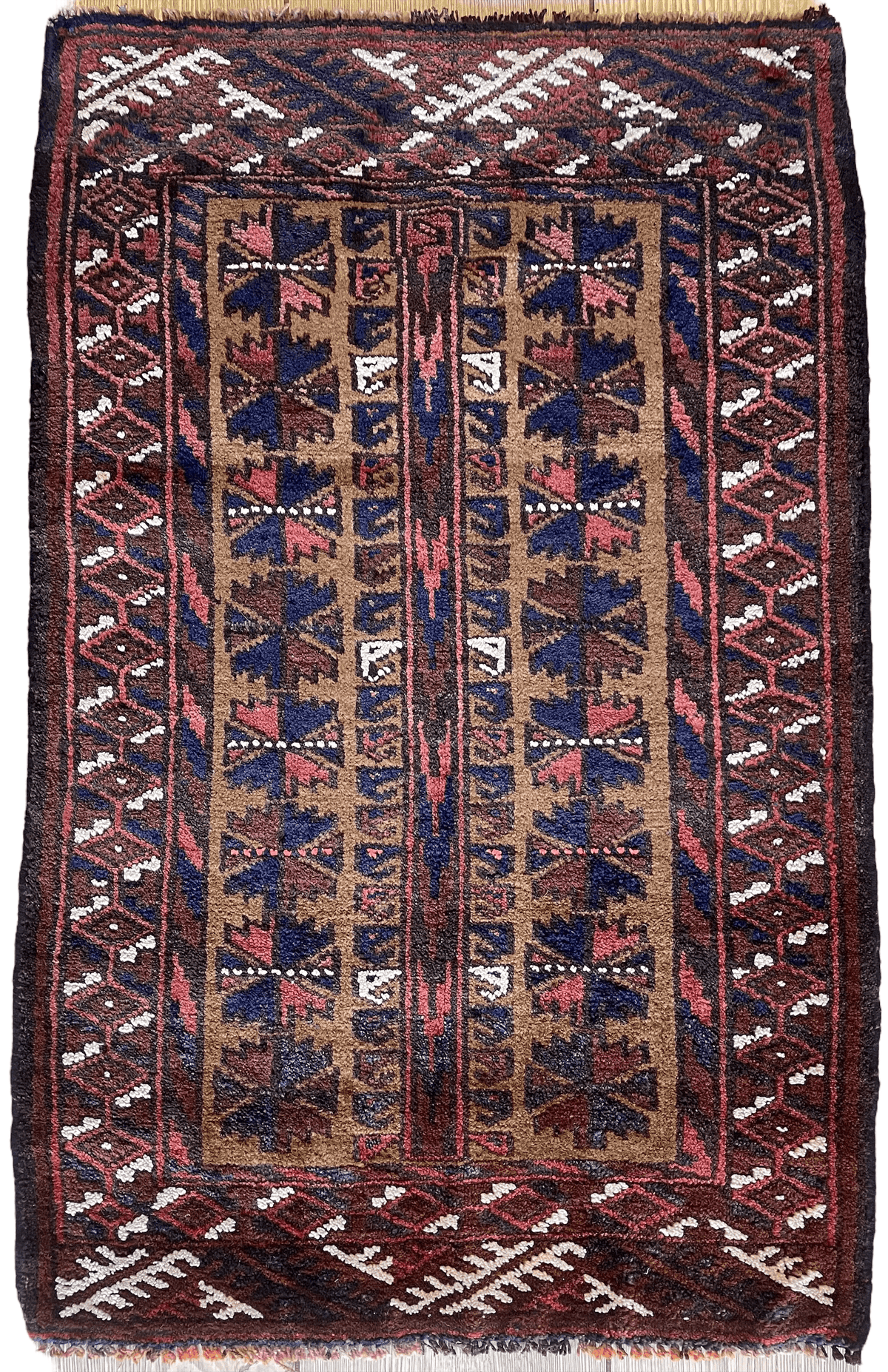 Vintage Afghan Baluch Rug 20" x 30", Hand-Knotted Wool, Brown & Navy