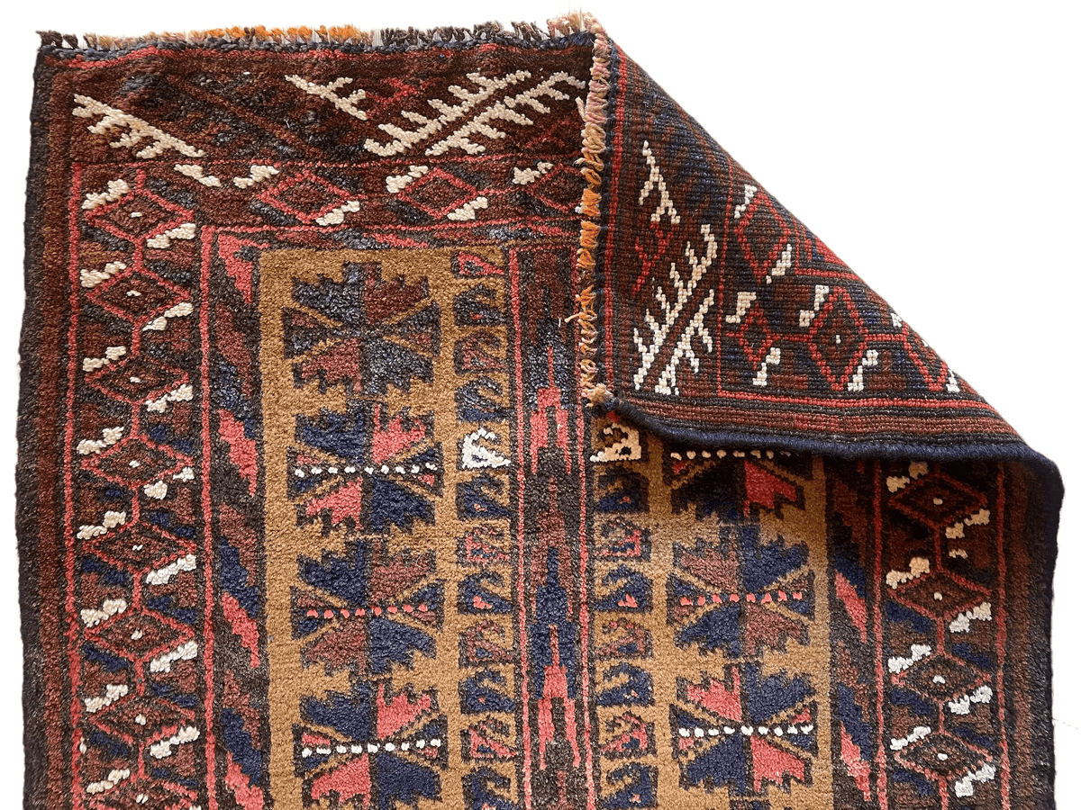Vintage Afghan Baluch Rug 20" x 30", Hand-Knotted Wool, Brown & Navy, view 2