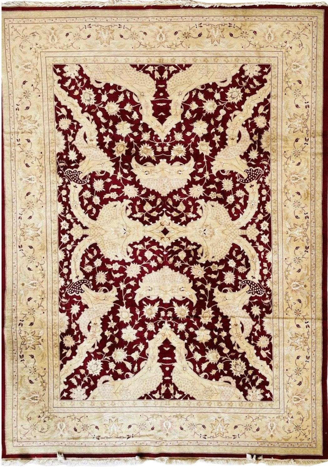 Pakistani Chobi Rug 9x12, Burgundy, Beige & Ivory, Hand-Knotted Wool