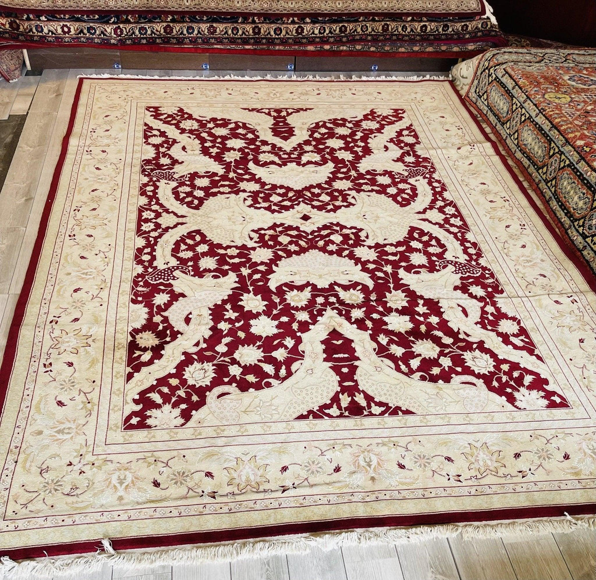Pakistani Chobi Rug 9x12, Burgundy, Beige & Ivory, Hand-Knotted Wool, view 5