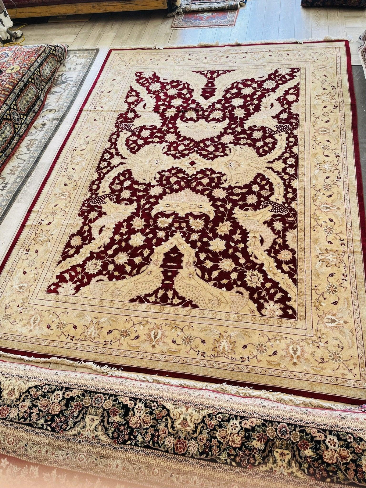 Pakistani Chobi Rug 9x12, Burgundy, Beige & Ivory, Hand-Knotted Wool, view 7