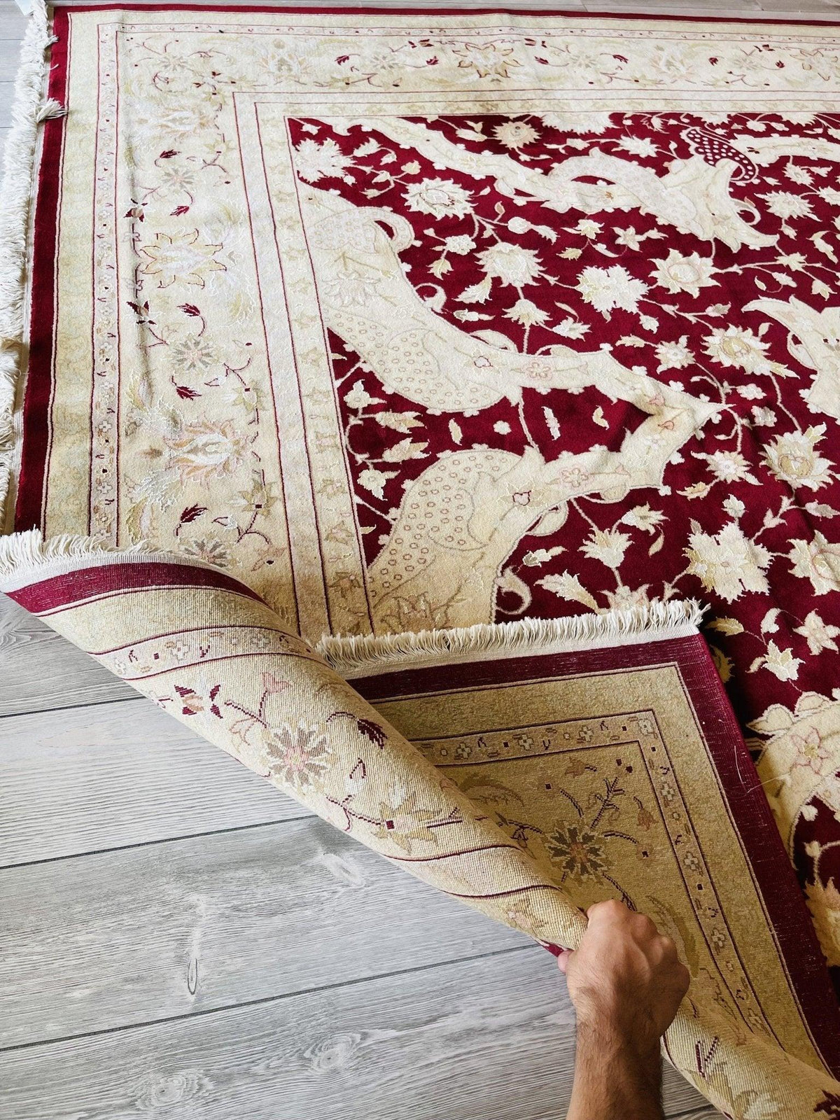 Pakistani Chobi Rug 9x12, Burgundy, Beige & Ivory, Hand-Knotted Wool, view 8
